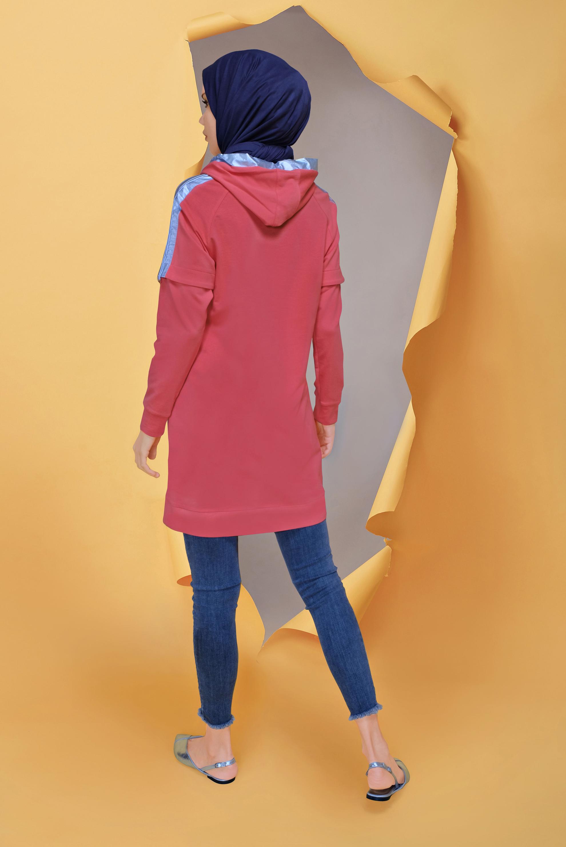 Tesettür giyim MERCAN CEP DETAYLI KAPÜŞONLU TUNİK 41693