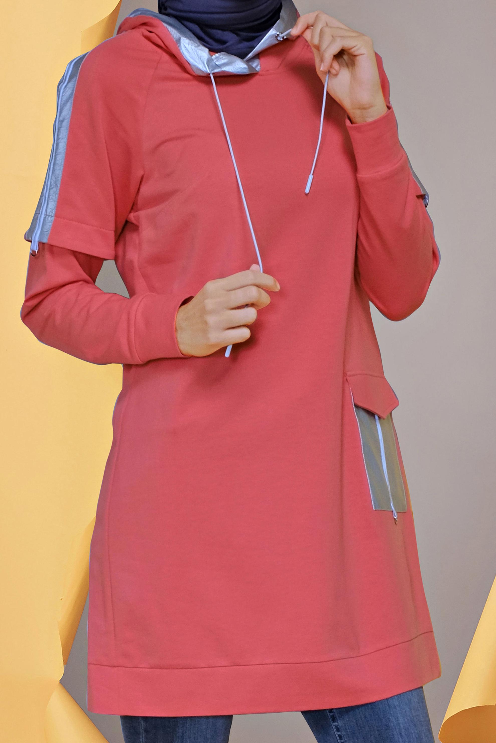 Tesettür giyim MERCAN CEP DETAYLI KAPÜŞONLU TUNİK 41693