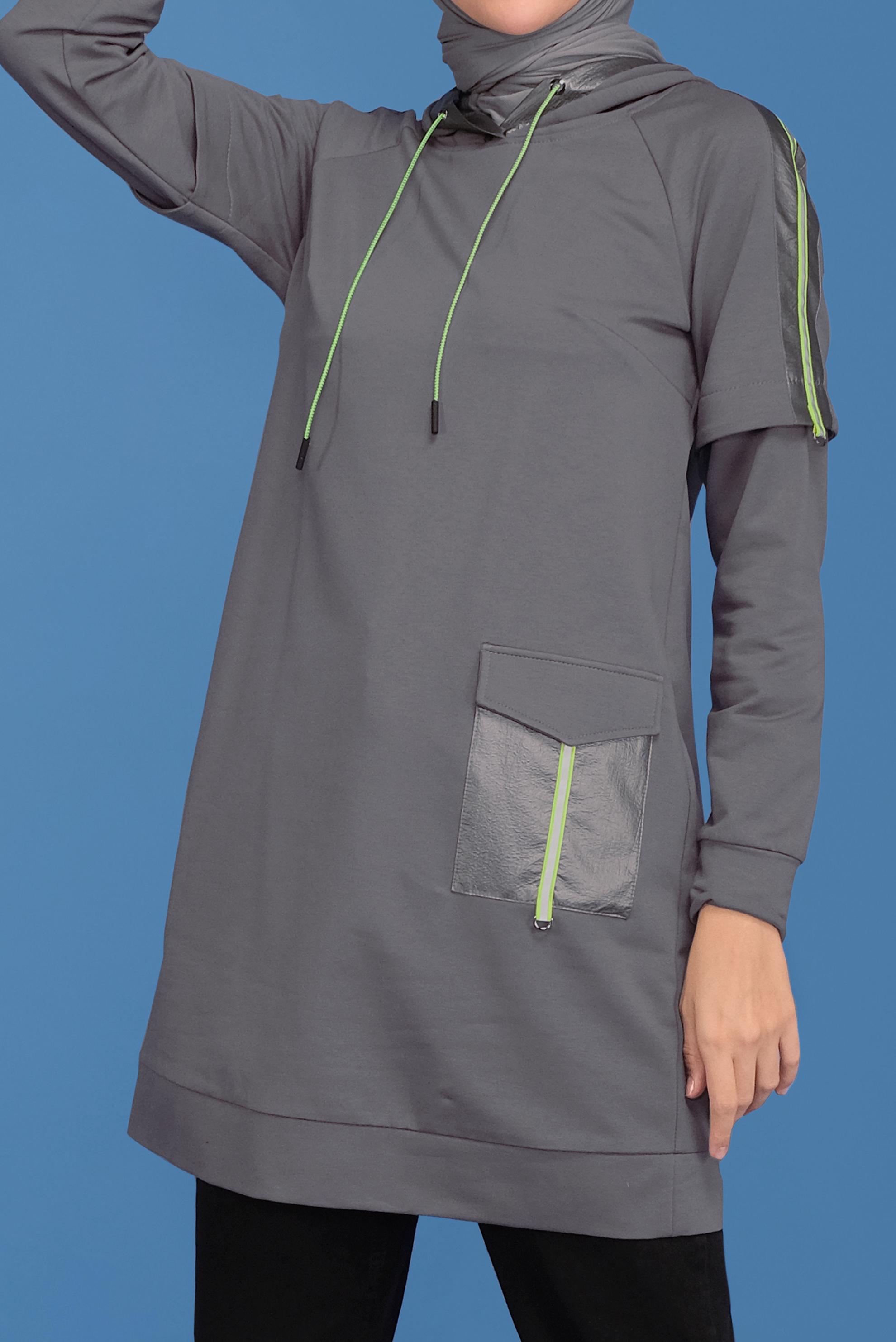 Tesettür giyim GRİ CEP DETAYLI KAPÜŞONLU TUNİK 41693