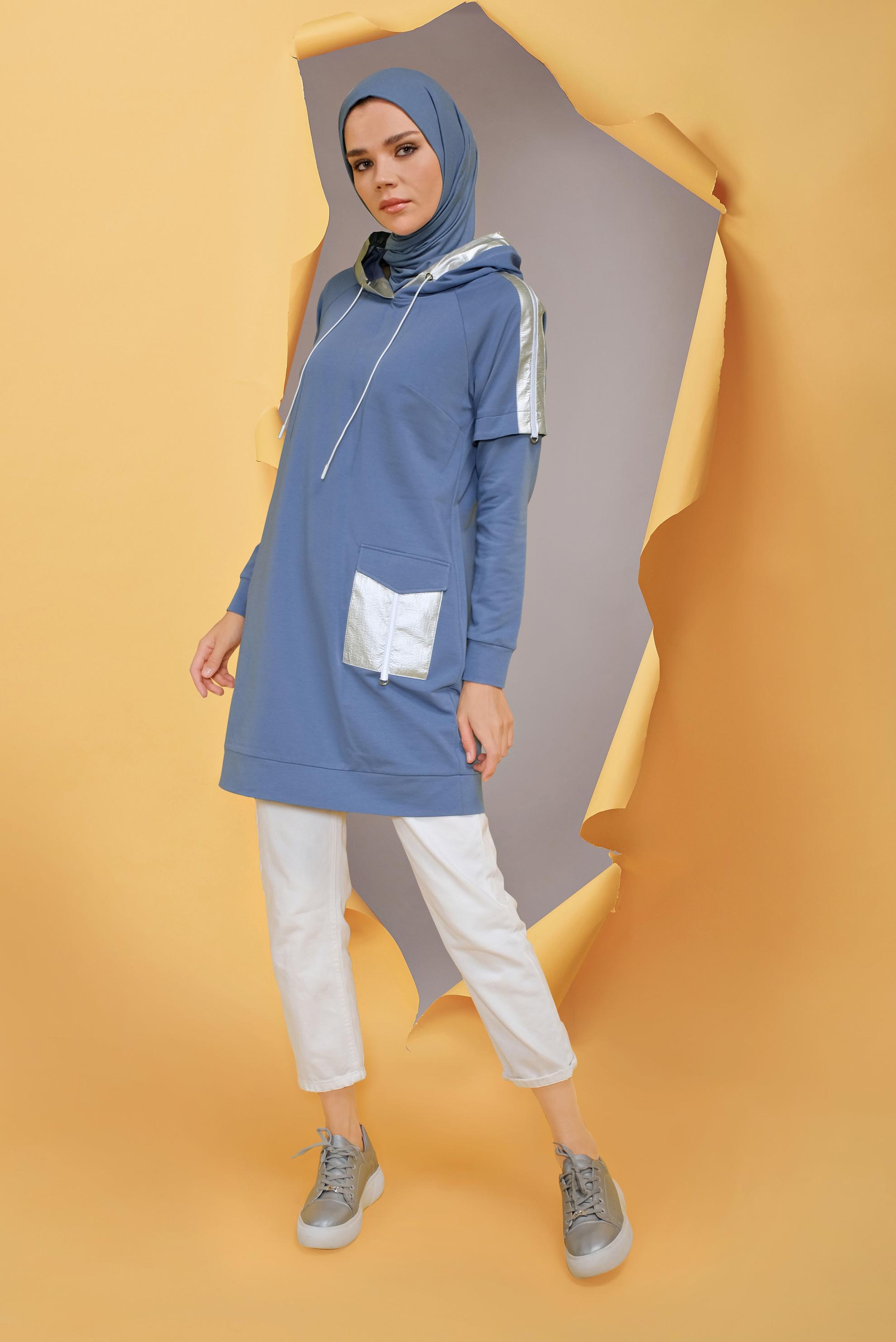 Tesettür giyim MAVİ CEP DETAYLI KAPÜŞONLU TUNİK 41693