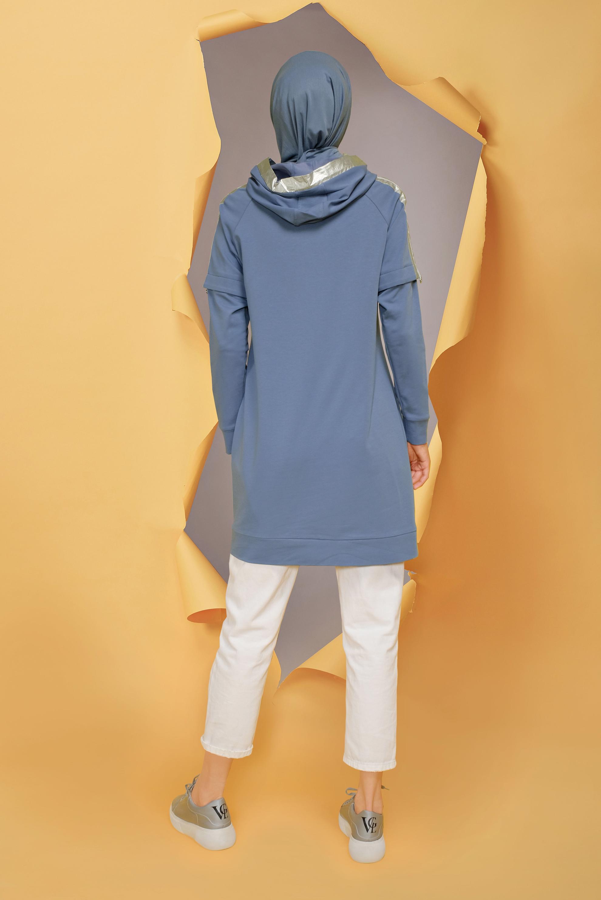 Tesettür giyim MAVİ CEP DETAYLI KAPÜŞONLU TUNİK 41693