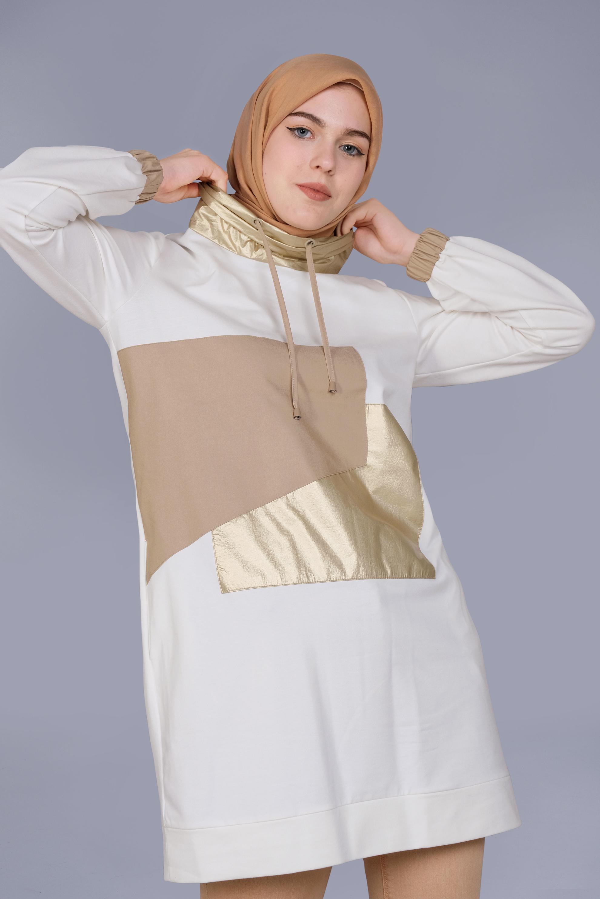 Tesettür giyim BEYAZ MANŞETLERİ LASTİKLİ BOĞAZLI BAĞCIKLI  TUNİK 41694 