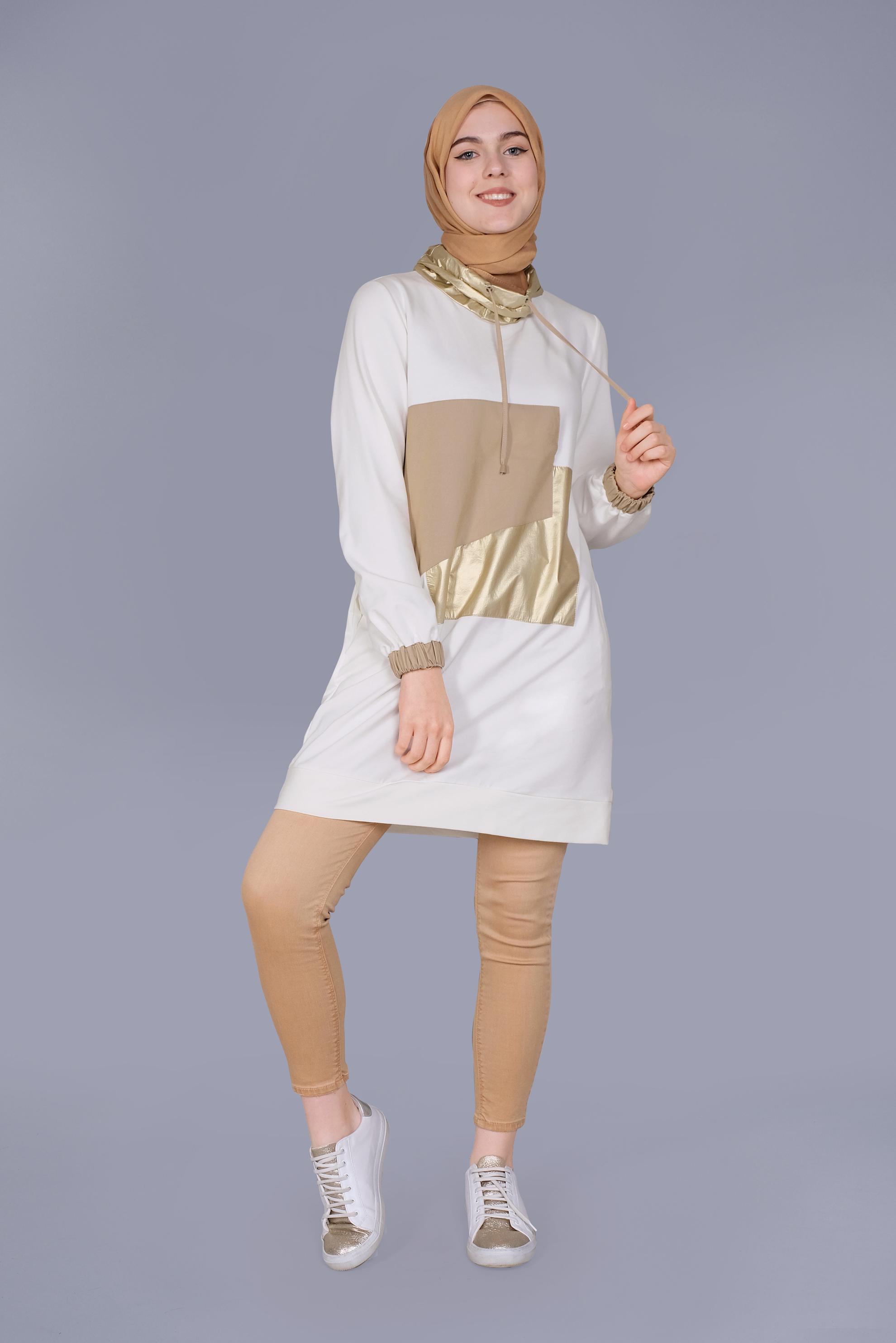 Tesettür giyim BEYAZ MANŞETLERİ LASTİKLİ BOĞAZLI BAĞCIKLI  TUNİK 41694 