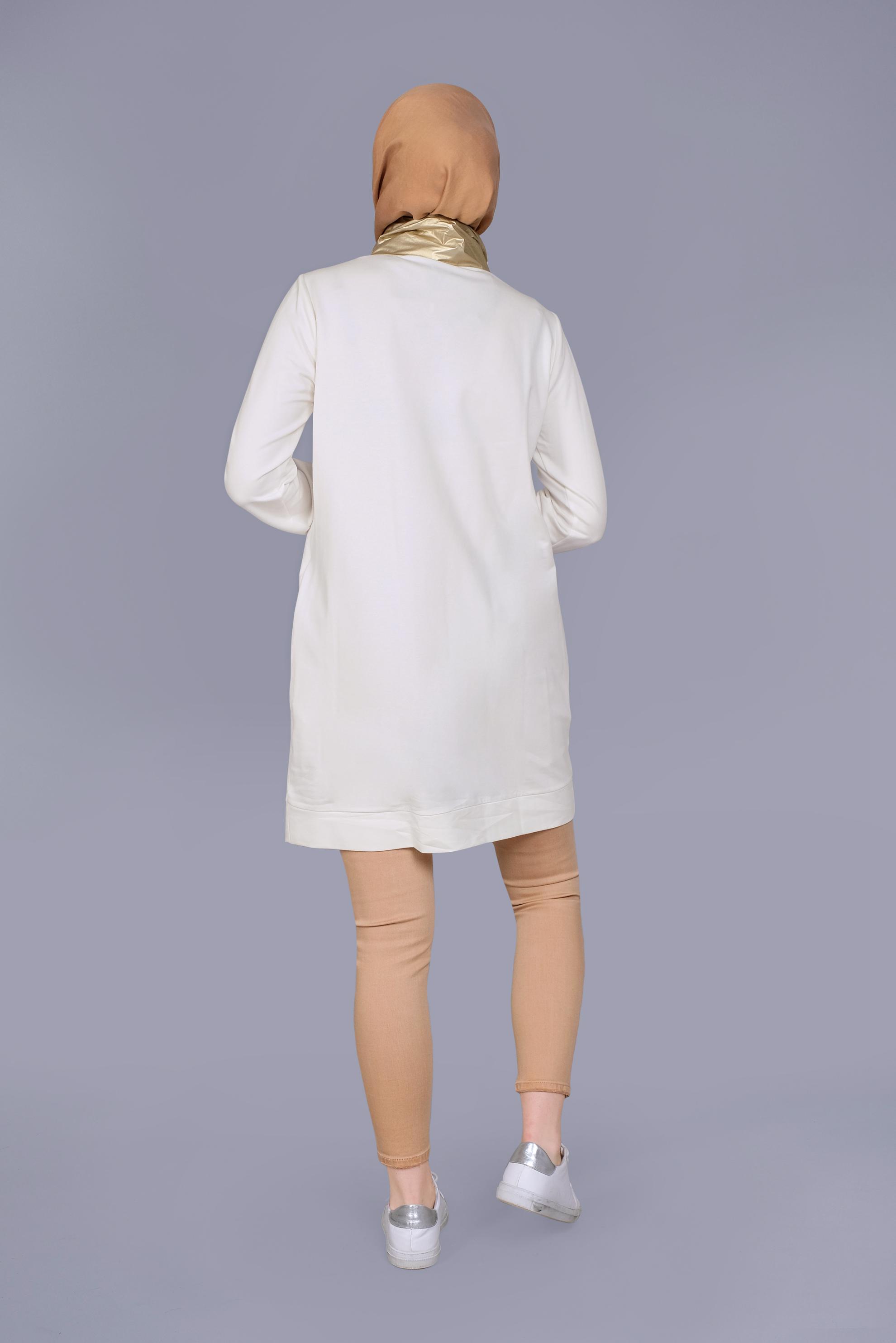 Tesettür giyim BEYAZ MANŞETLERİ LASTİKLİ BOĞAZLI BAĞCIKLI  TUNİK 41694 