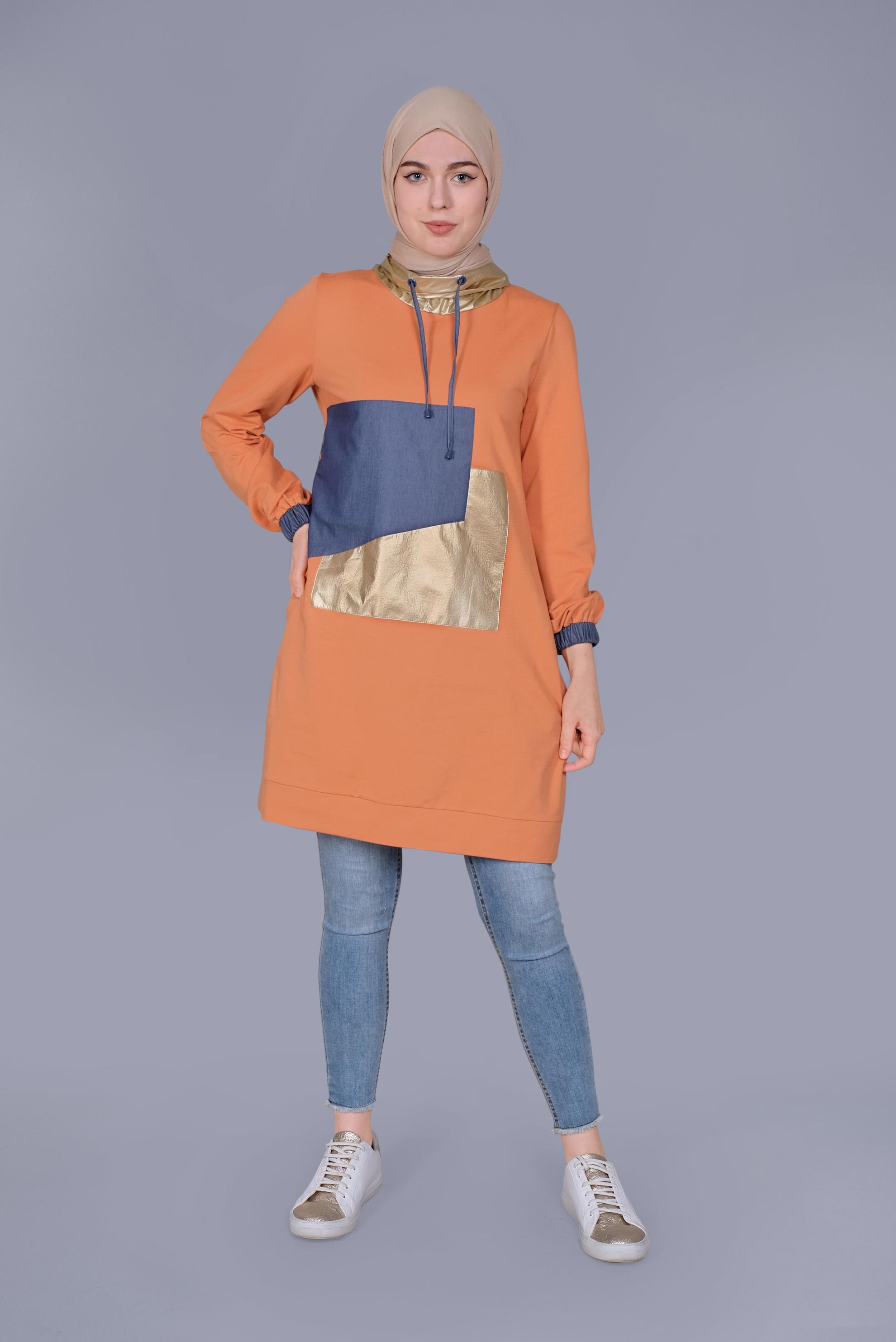 Tesettür giyim TURUNCU MANŞETLERİ LASTİKLİ BOĞAZLI BAĞCIKLI  TUNİK 41694 