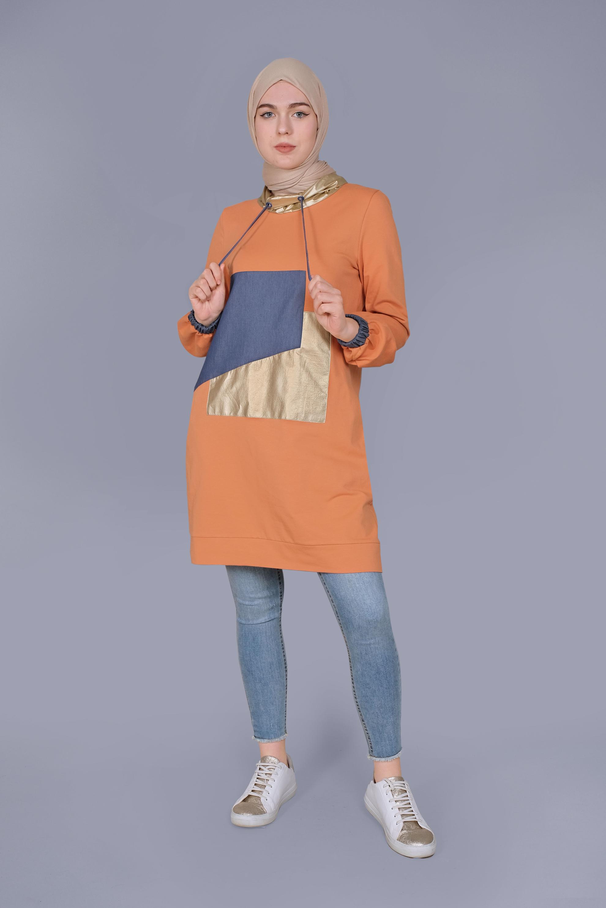 Tesettür giyim TURUNCU MANŞETLERİ LASTİKLİ BOĞAZLI BAĞCIKLI  TUNİK 41694 