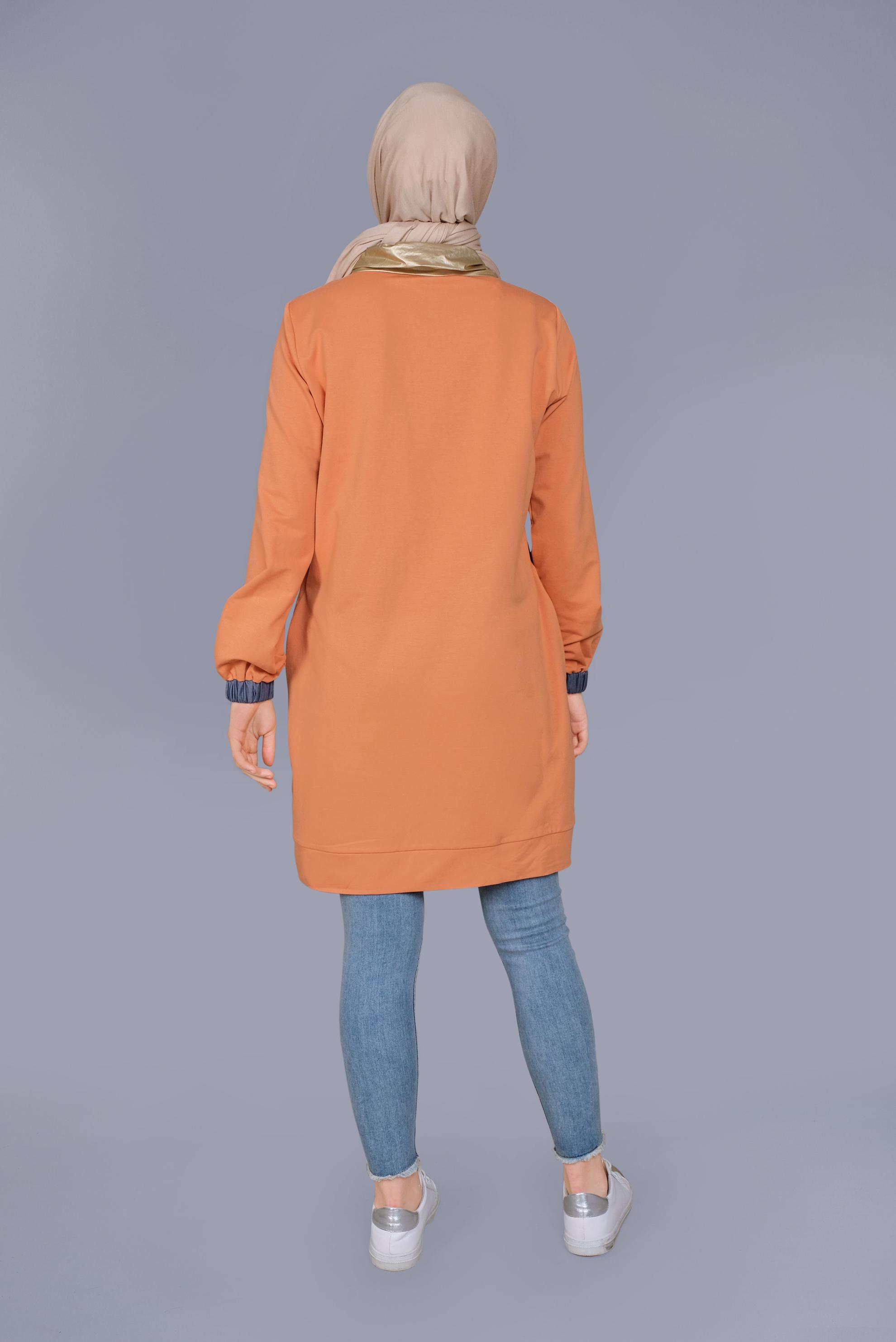 Tesettür giyim TURUNCU MANŞETLERİ LASTİKLİ BOĞAZLI BAĞCIKLI  TUNİK 41694 