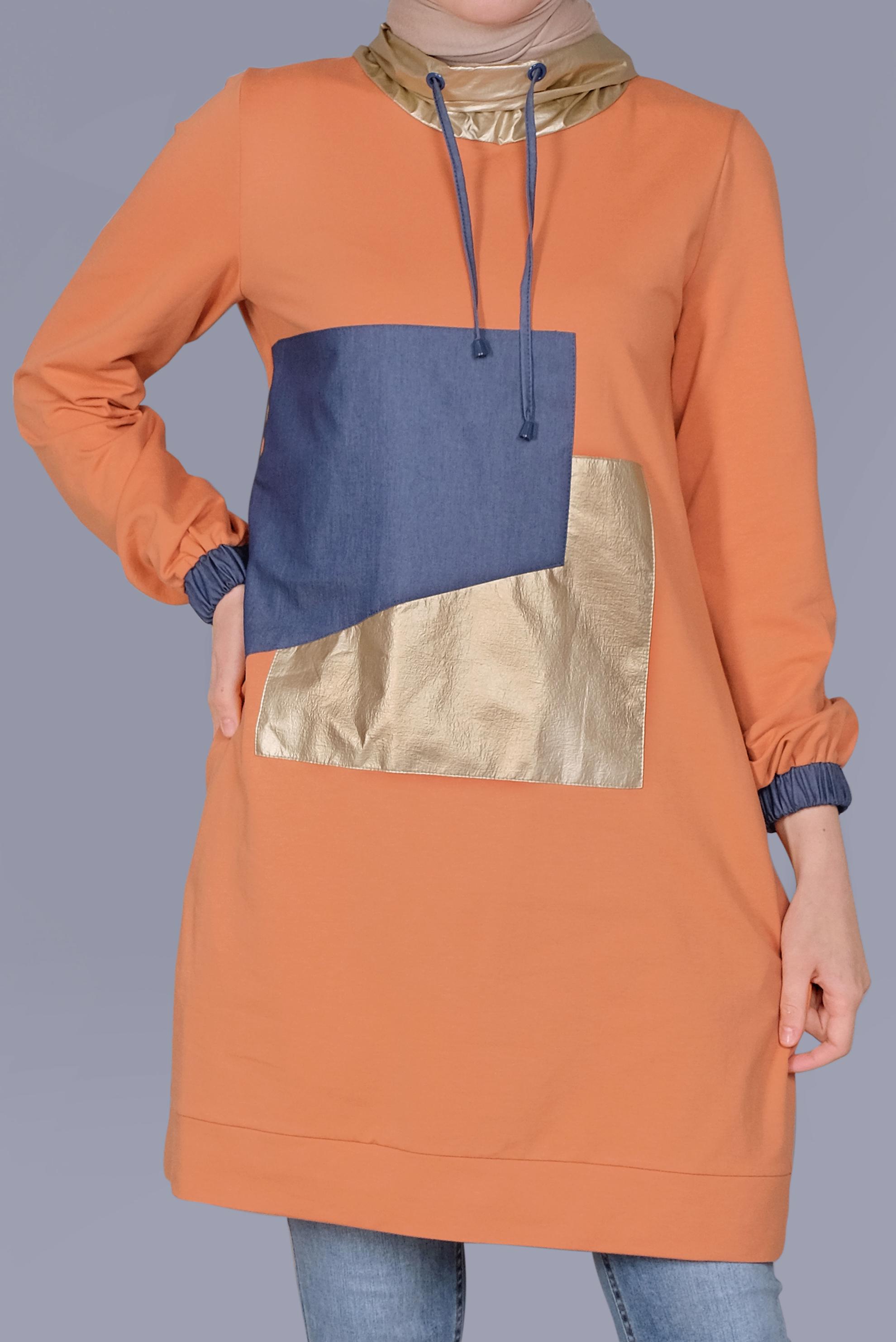 Tesettür giyim TURUNCU MANŞETLERİ LASTİKLİ BOĞAZLI BAĞCIKLI  TUNİK 41694 