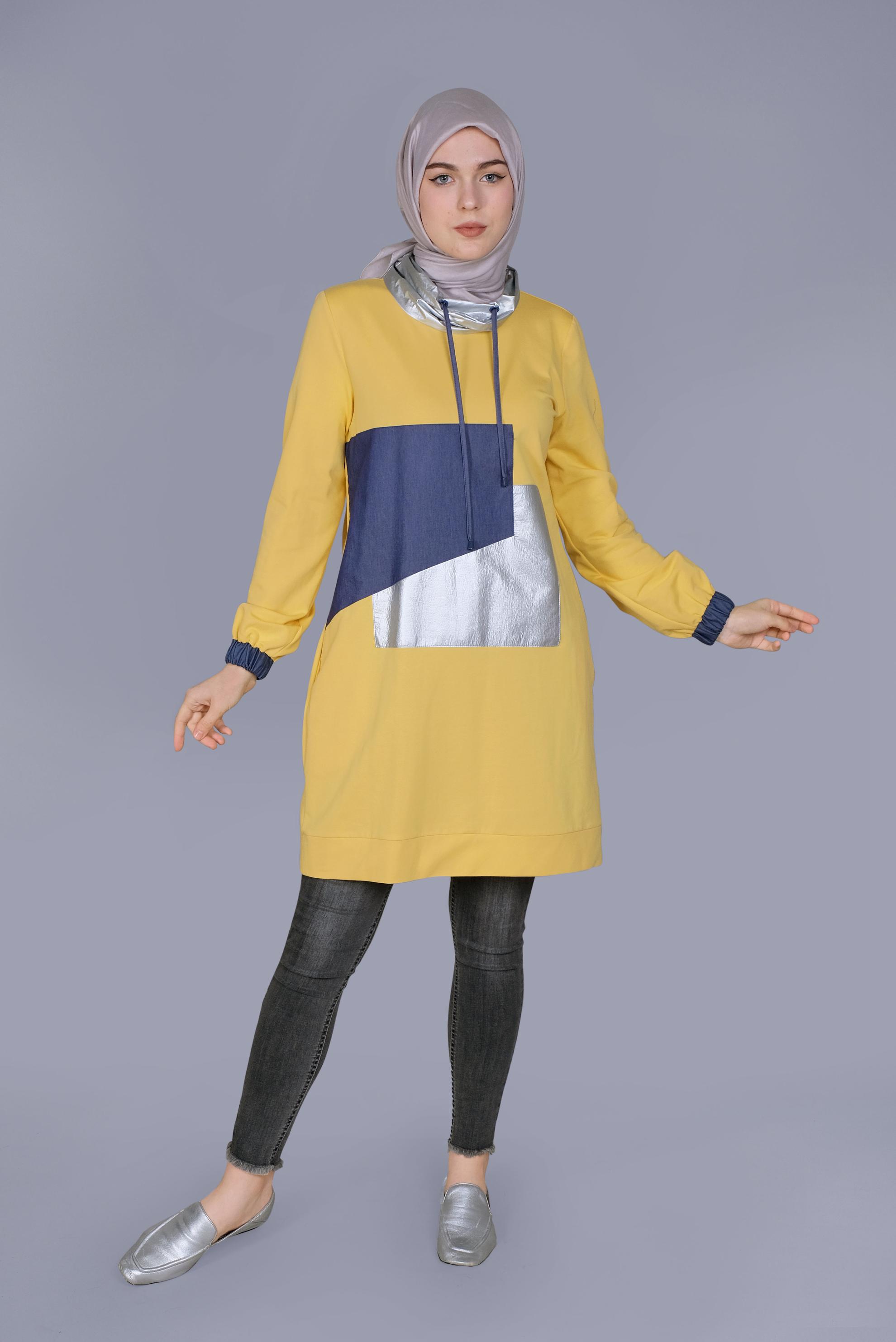 Tesettür giyim SARI MANŞETLERİ LASTİKLİ BOĞAZLI BAĞCIKLI  TUNİK 41694 