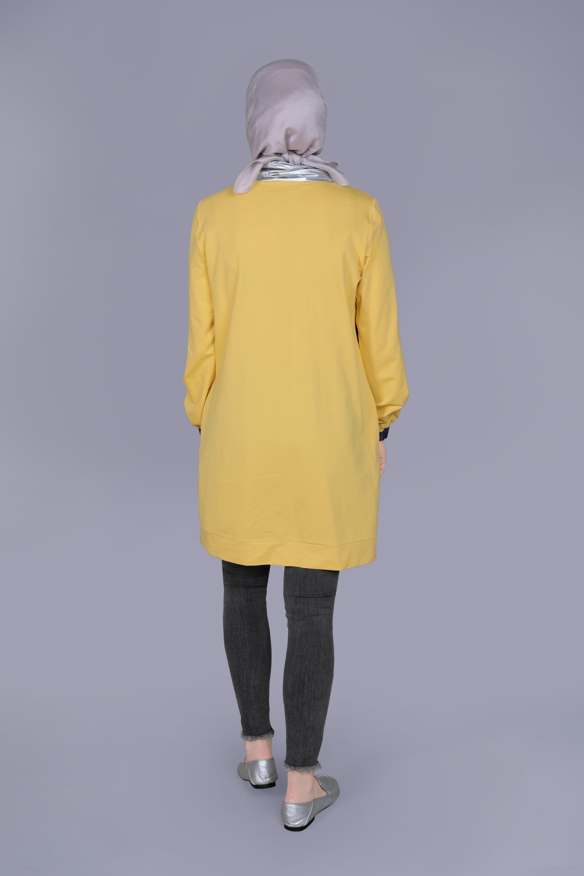 Tesettür giyim SARI MANŞETLERİ LASTİKLİ BOĞAZLI BAĞCIKLI  TUNİK 41694 