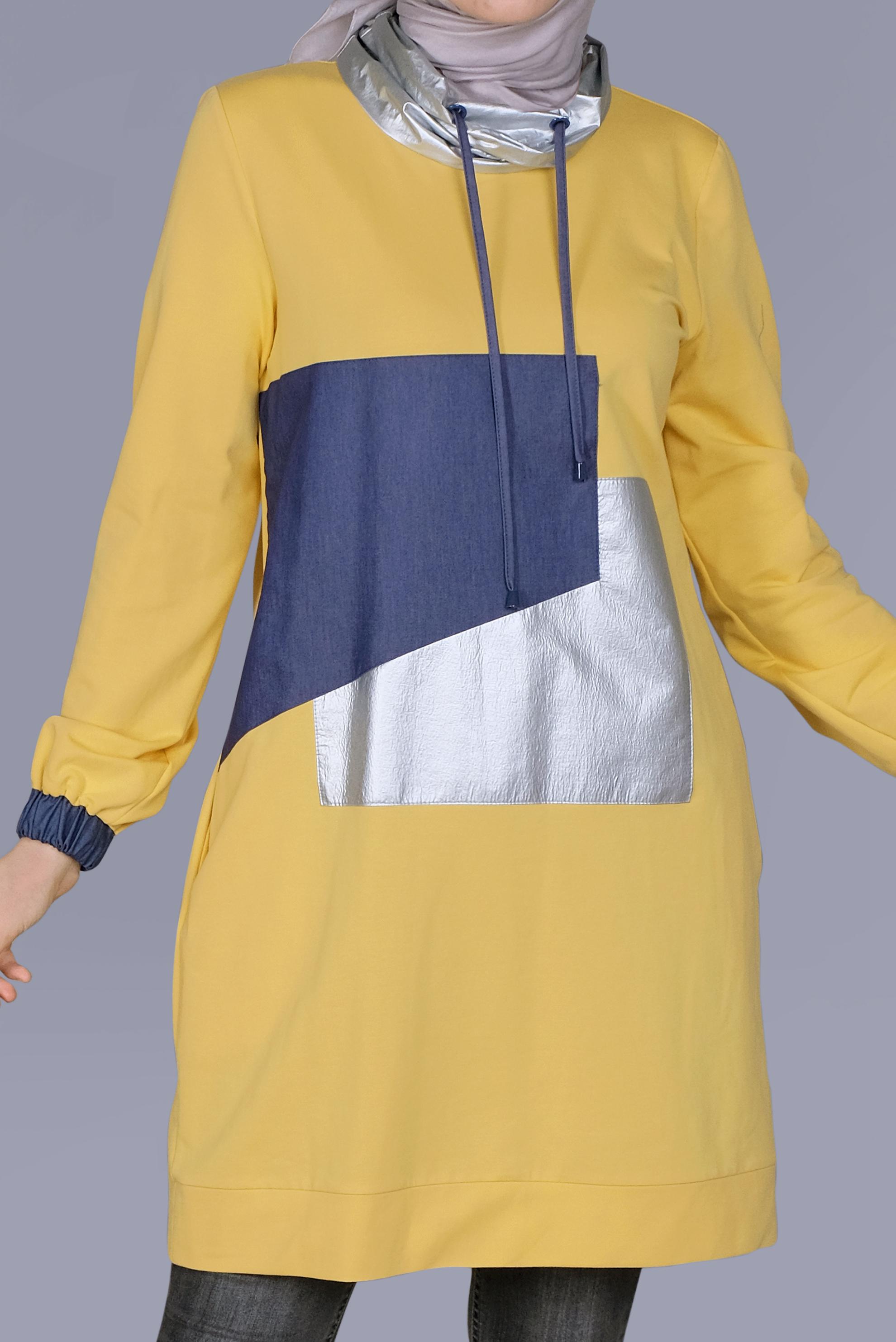 Tesettür giyim SARI MANŞETLERİ LASTİKLİ BOĞAZLI BAĞCIKLI  TUNİK 41694 