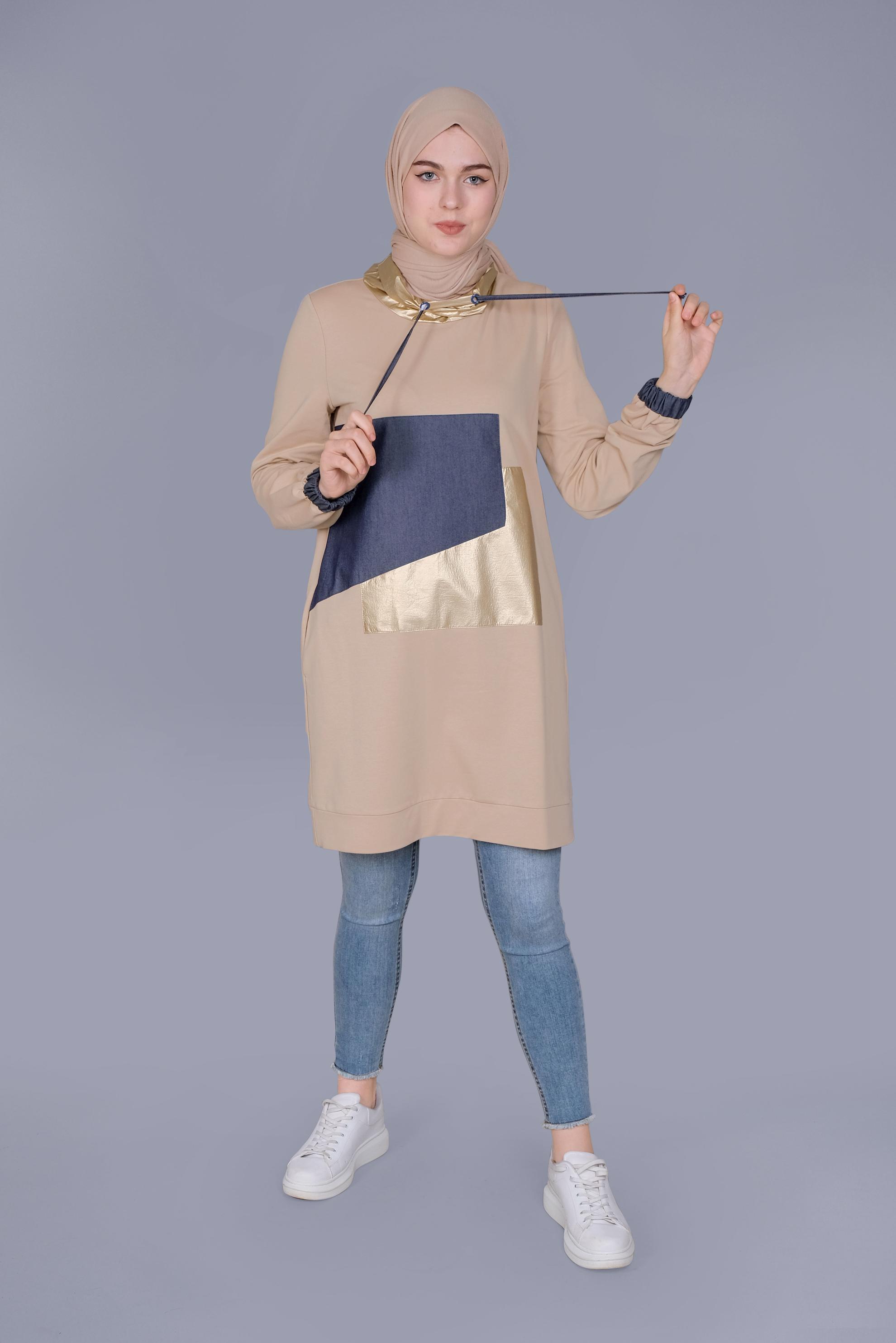 Tesettür giyim BEJ MANŞETLERİ LASTİKLİ BOĞAZLI BAĞCIKLI  TUNİK 41694 