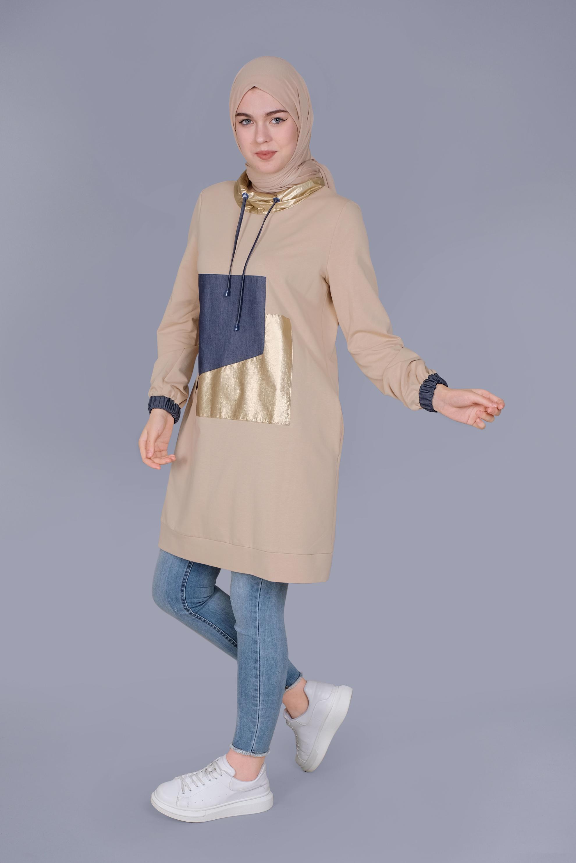 Tesettür giyim BEJ MANŞETLERİ LASTİKLİ BOĞAZLI BAĞCIKLI  TUNİK 41694 