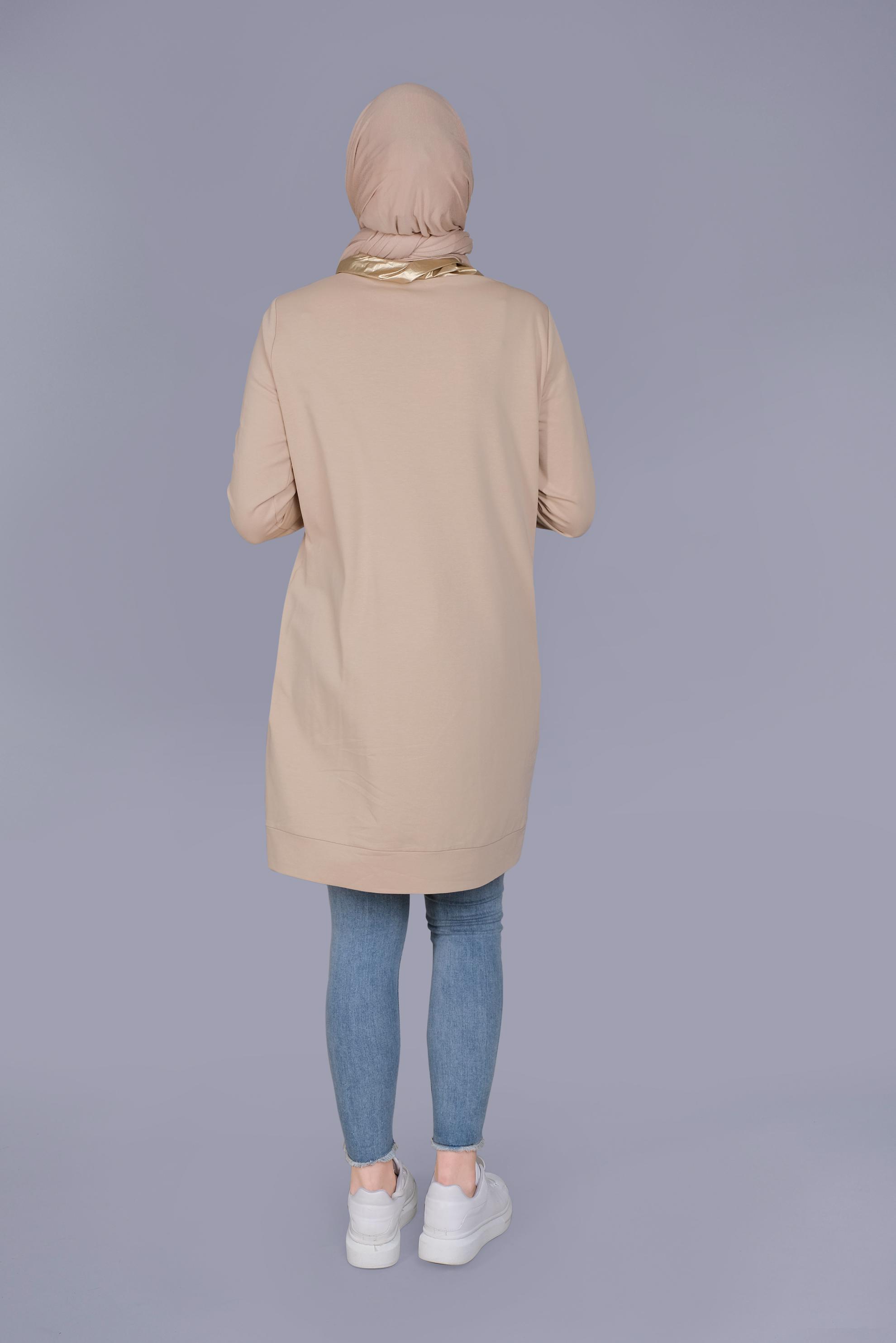 Tesettür giyim BEJ MANŞETLERİ LASTİKLİ BOĞAZLI BAĞCIKLI  TUNİK 41694 