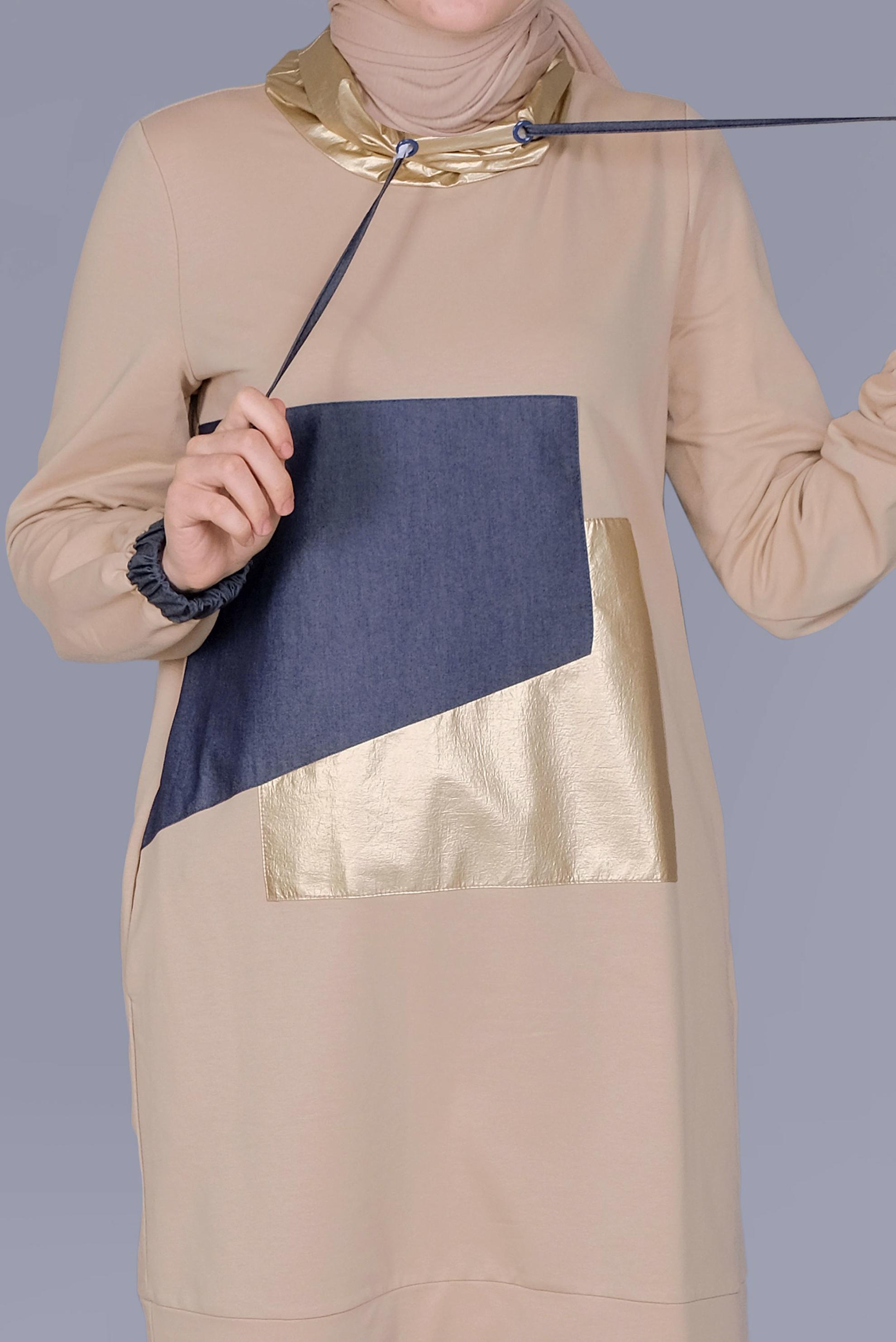 Tesettür giyim BEJ MANŞETLERİ LASTİKLİ BOĞAZLI BAĞCIKLI  TUNİK 41694 