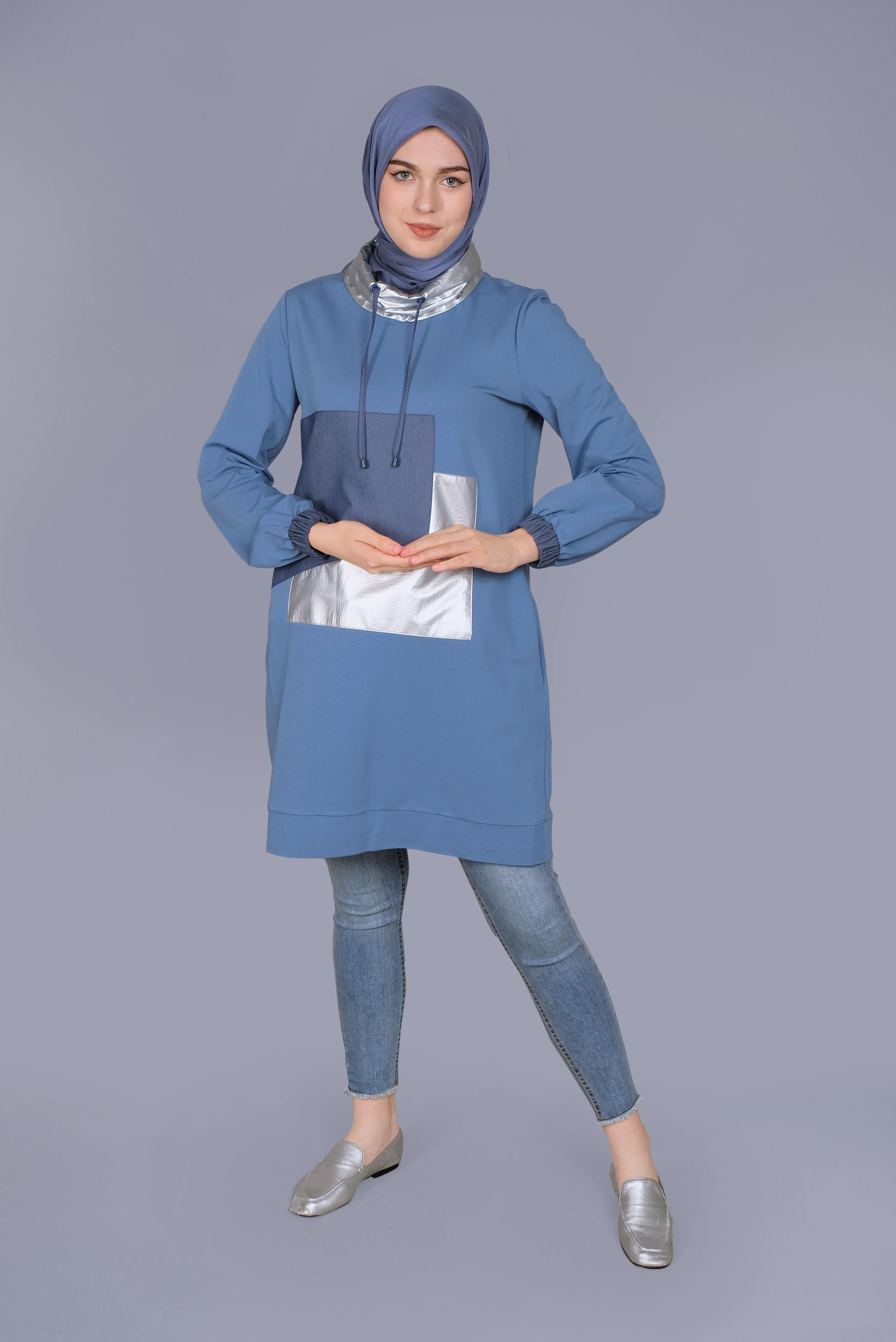 Tesettür giyim MAVİ MANŞETLERİ LASTİKLİ BOĞAZLI BAĞCIKLI  TUNİK 41694 