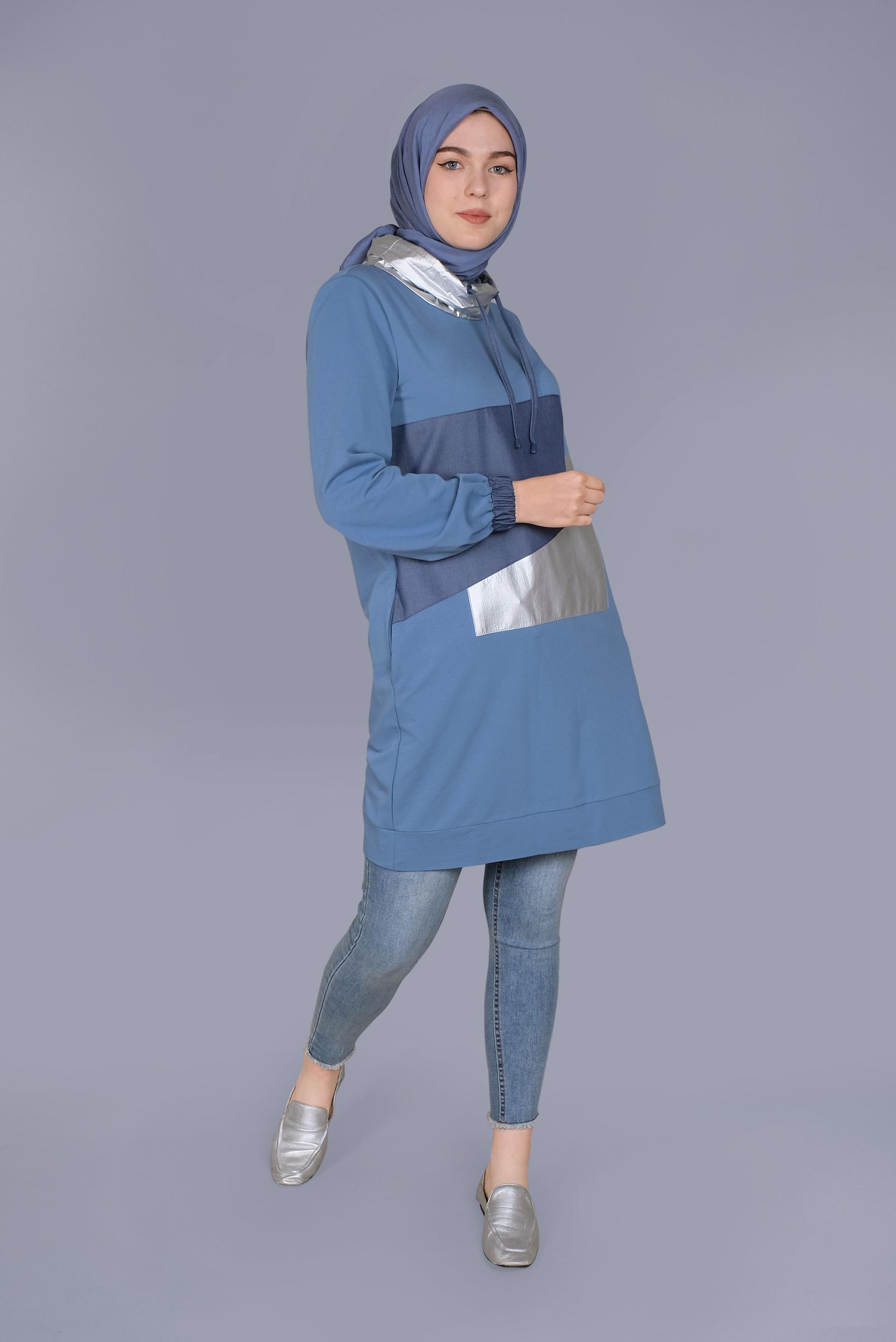 Tesettür giyim MAVİ MANŞETLERİ LASTİKLİ BOĞAZLI BAĞCIKLI  TUNİK 41694 