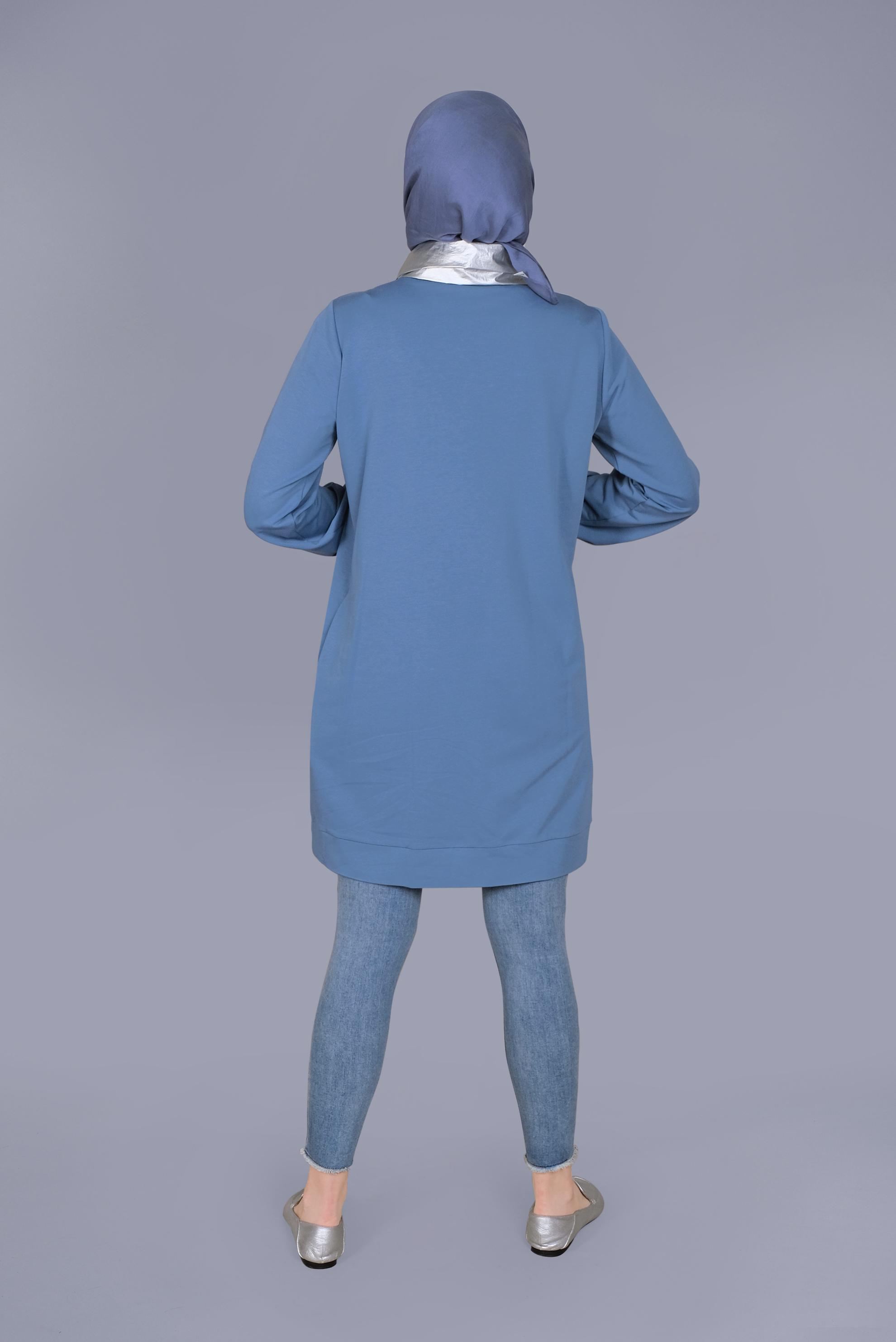 Tesettür giyim MAVİ MANŞETLERİ LASTİKLİ BOĞAZLI BAĞCIKLI  TUNİK 41694 