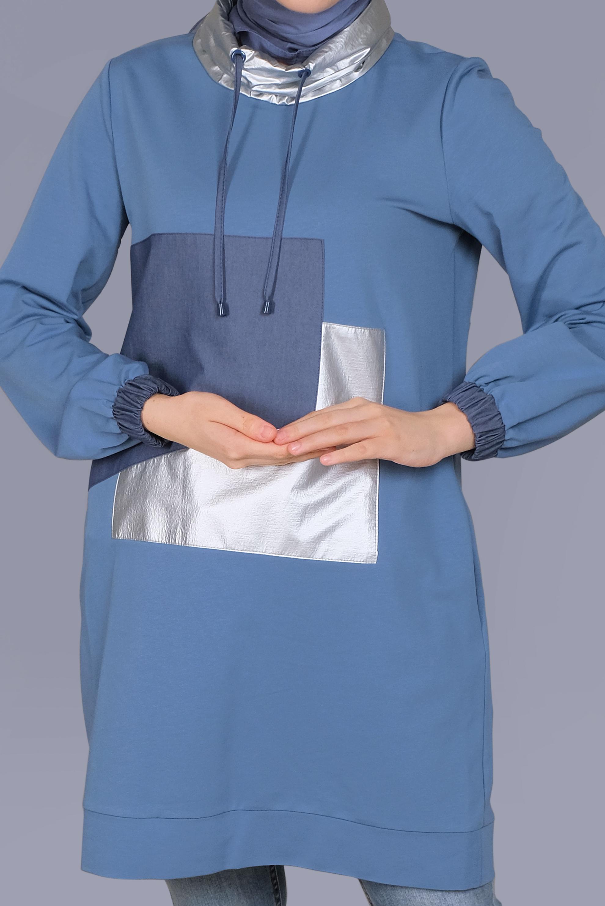 Tesettür giyim MAVİ MANŞETLERİ LASTİKLİ BOĞAZLI BAĞCIKLI  TUNİK 41694 