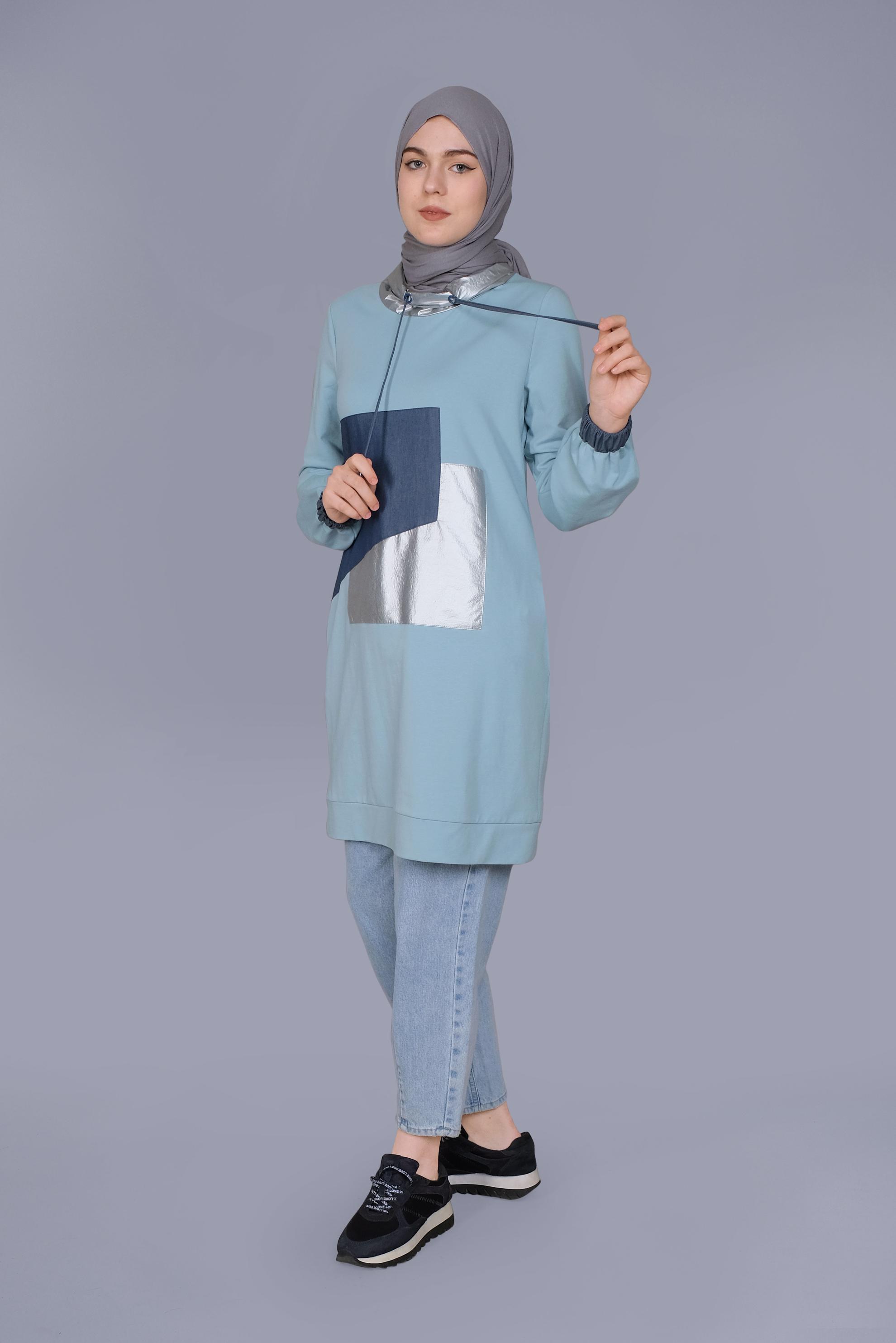 Tesettür giyim MAVİ MANŞETLERİ LASTİKLİ BOĞAZLI BAĞCIKLI  TUNİK 41694 