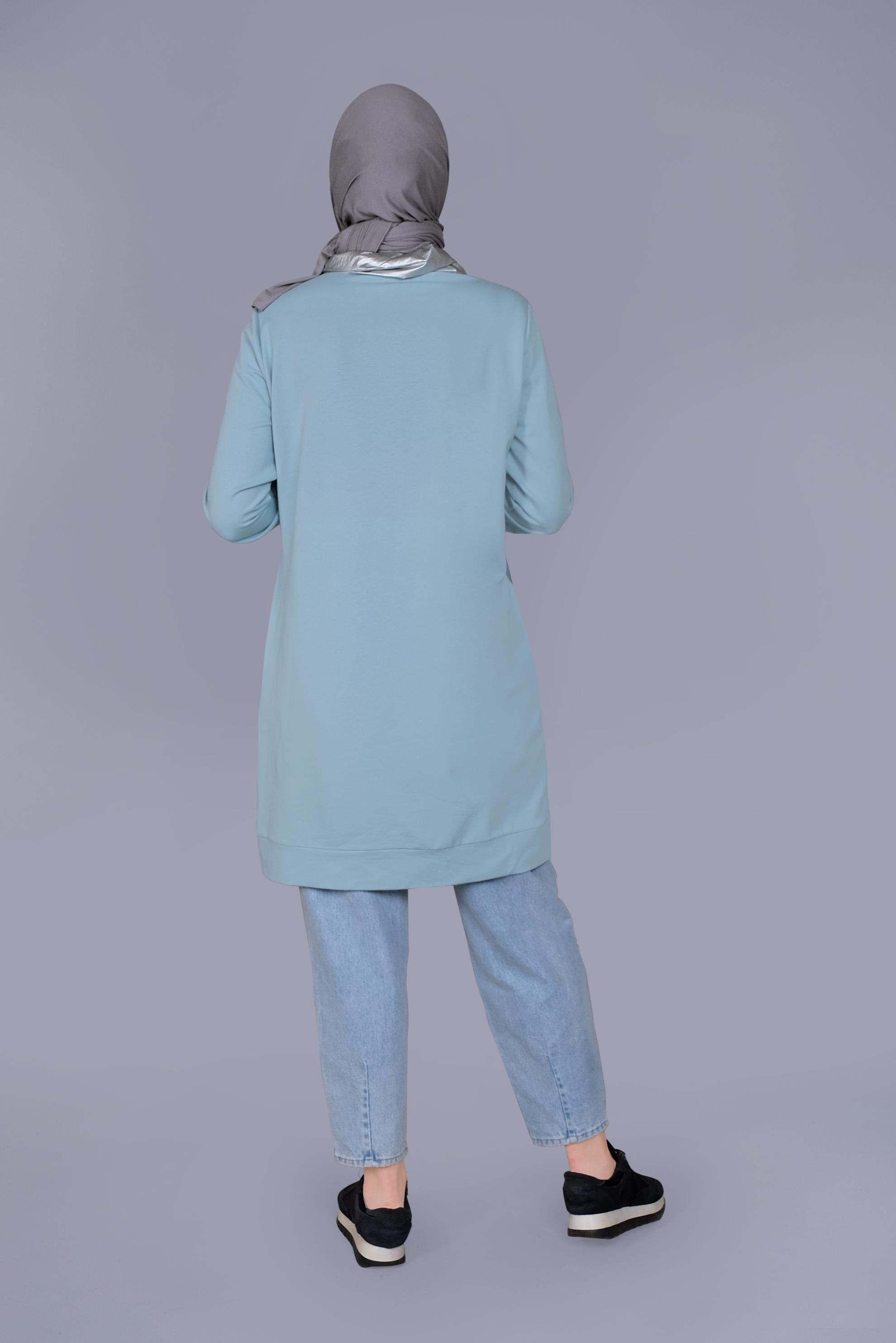 Tesettür giyim MAVİ MANŞETLERİ LASTİKLİ BOĞAZLI BAĞCIKLI  TUNİK 41694 