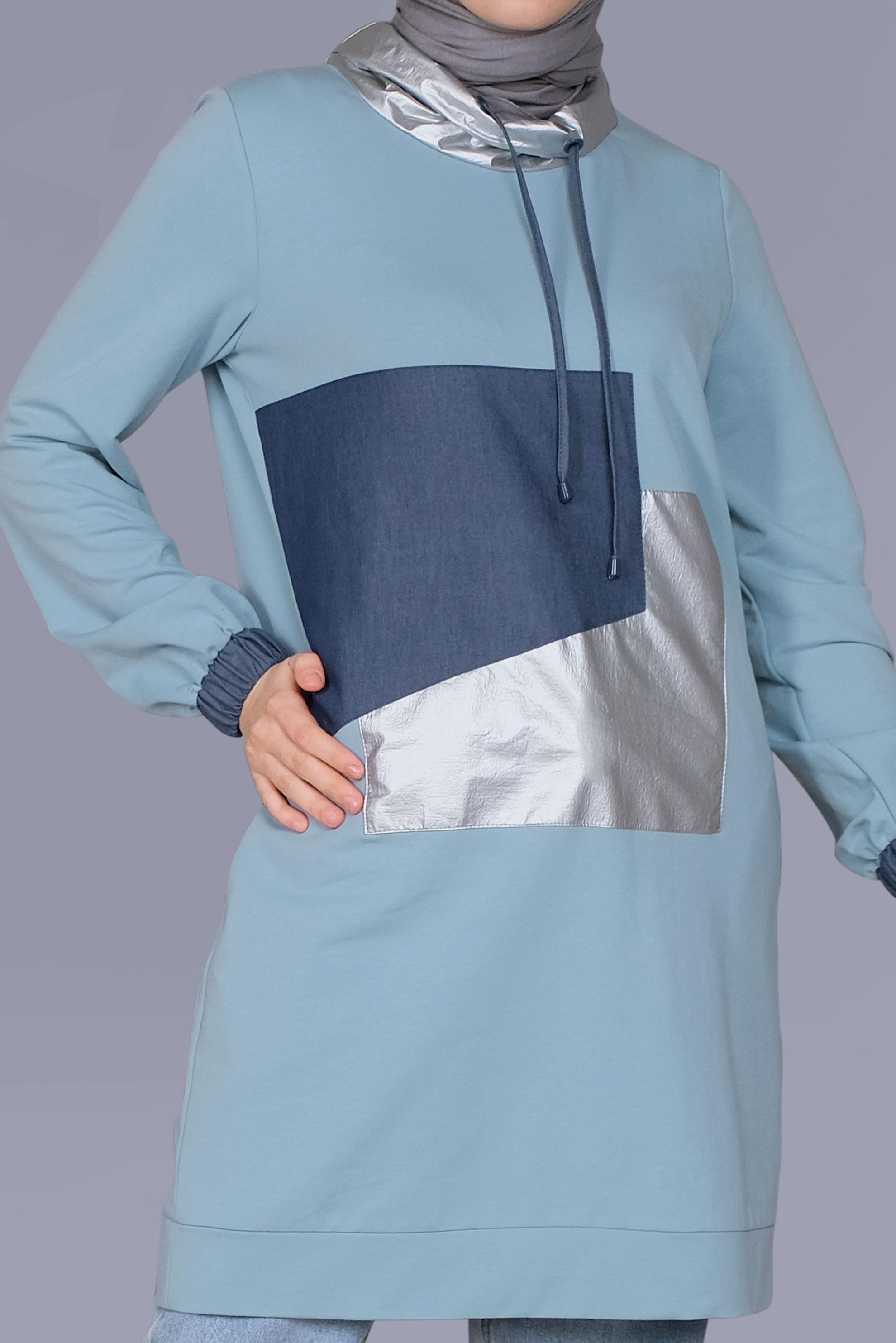 Tesettür giyim MAVİ MANŞETLERİ LASTİKLİ BOĞAZLI BAĞCIKLI  TUNİK 41694 