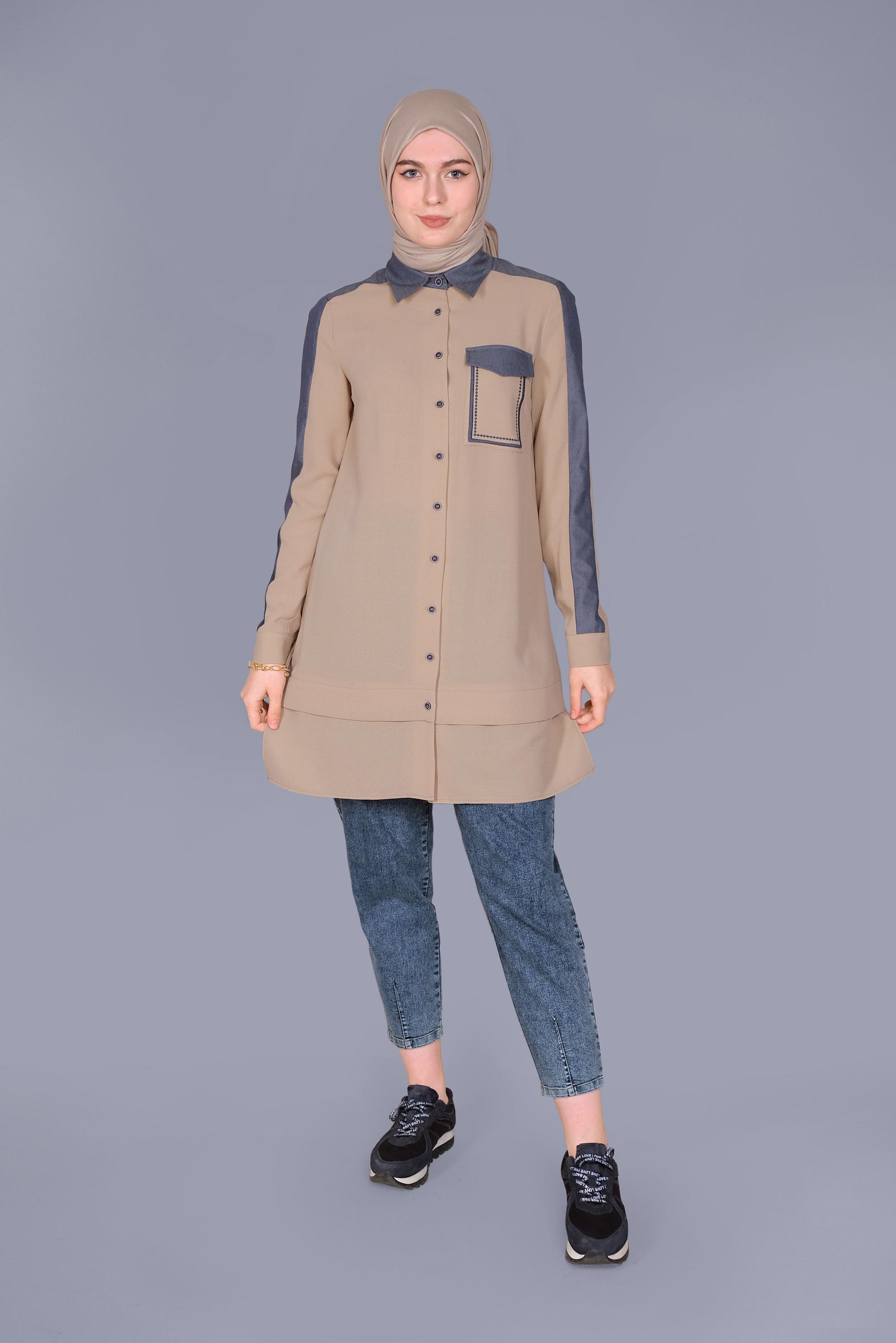 Tesettür giyim BEJ BOYDAN DÜĞMELİ CEPLİ TUNİK 41695
