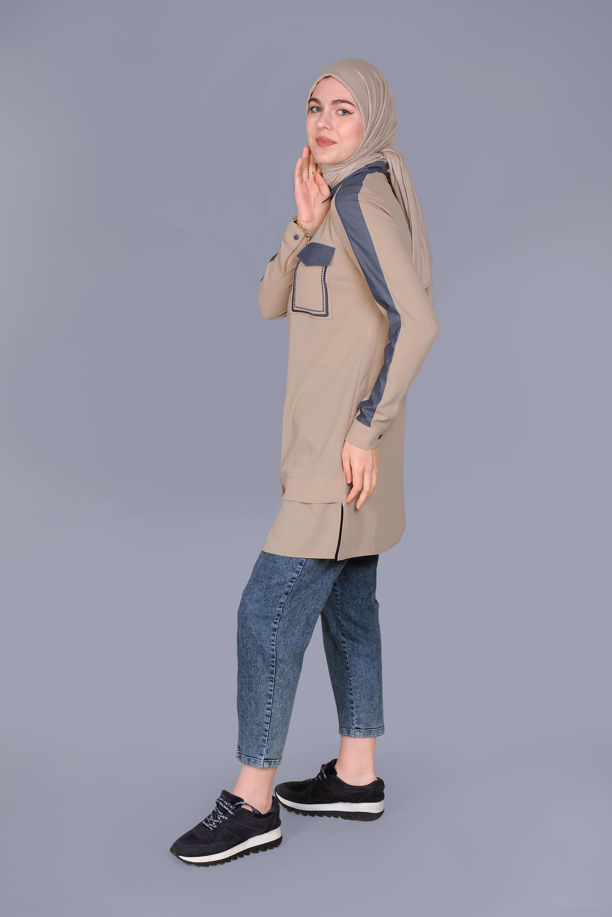 Tesettür giyim BEJ BOYDAN DÜĞMELİ CEPLİ TUNİK 41695