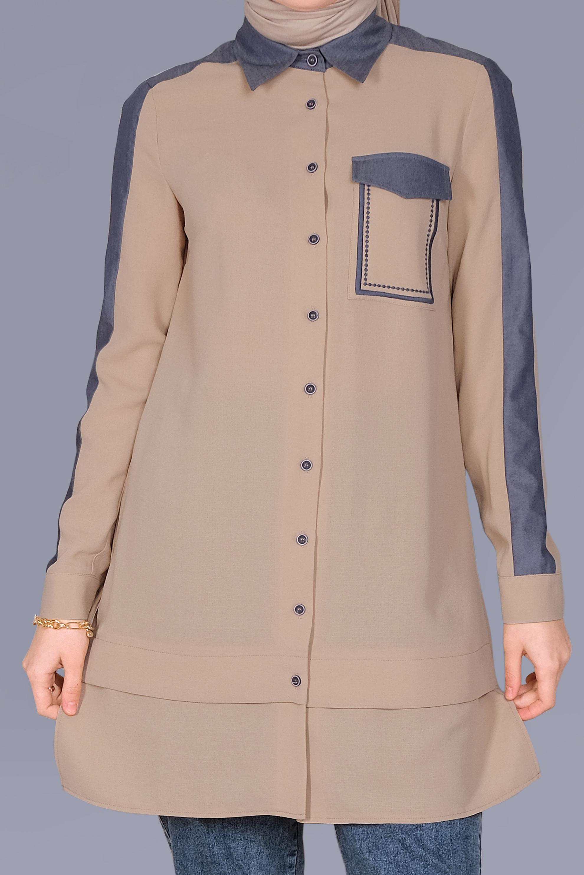 Tesettür giyim BEJ BOYDAN DÜĞMELİ CEPLİ TUNİK 41695