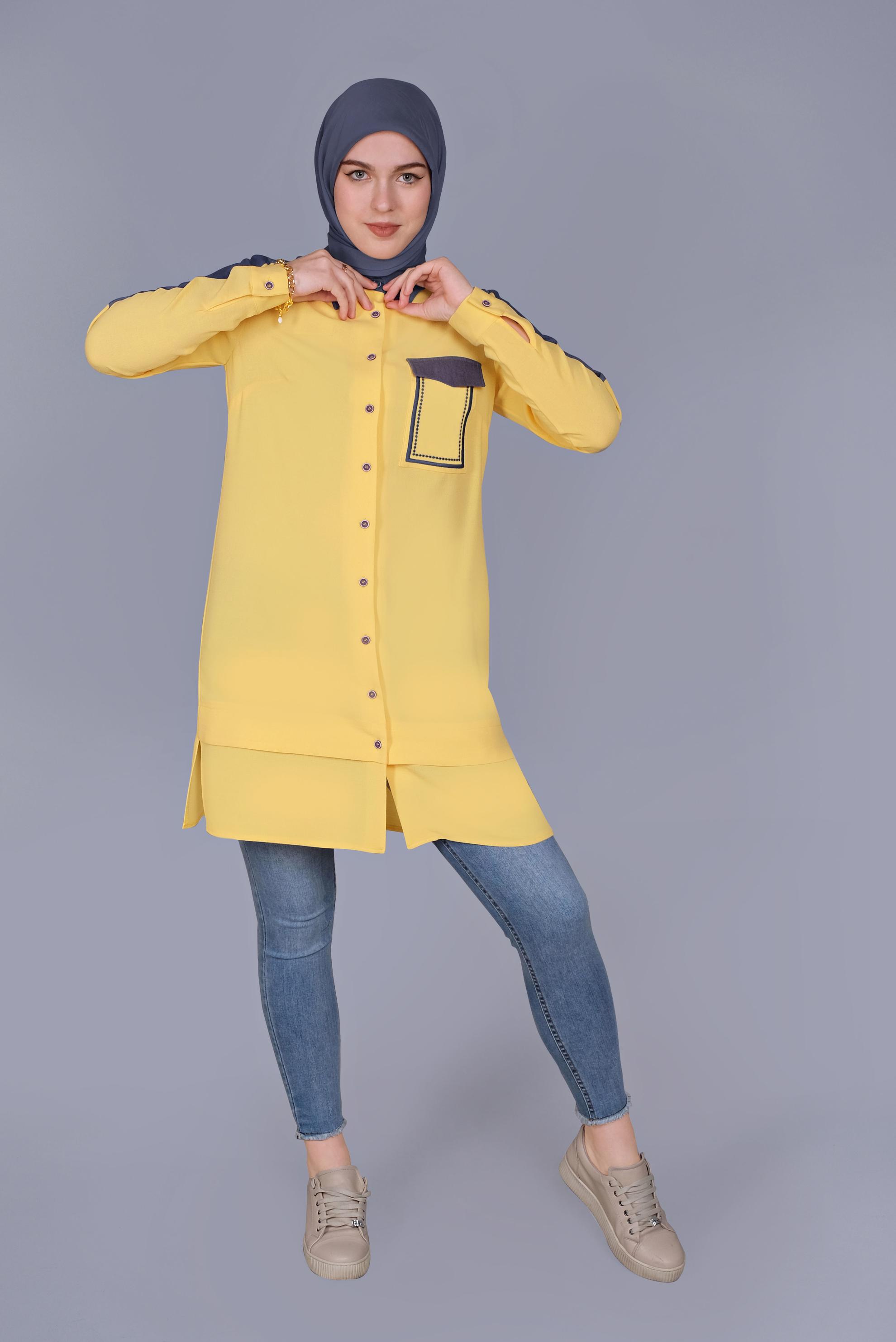 Tesettür giyim SARI BOYDAN DÜĞMELİ CEPLİ TUNİK 41695