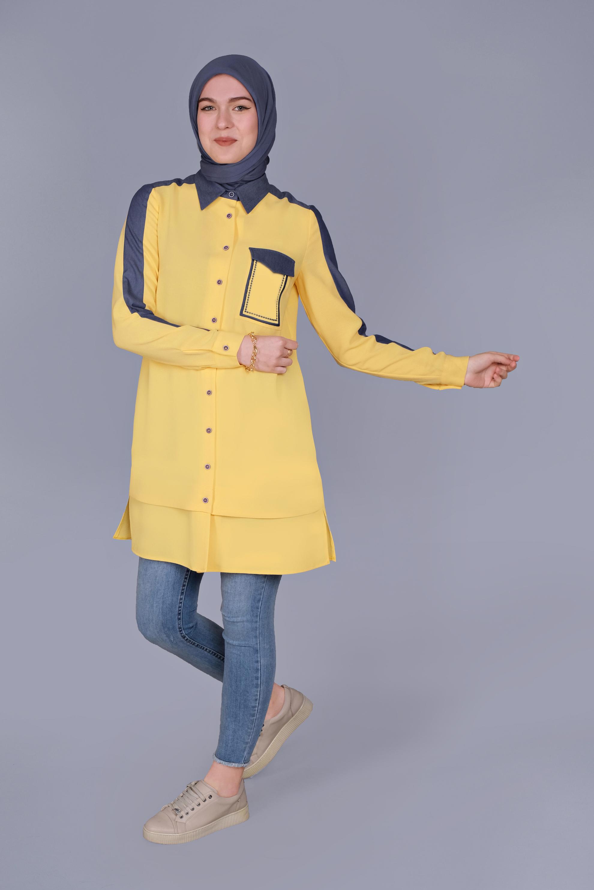 Tesettür giyim SARI BOYDAN DÜĞMELİ CEPLİ TUNİK 41695