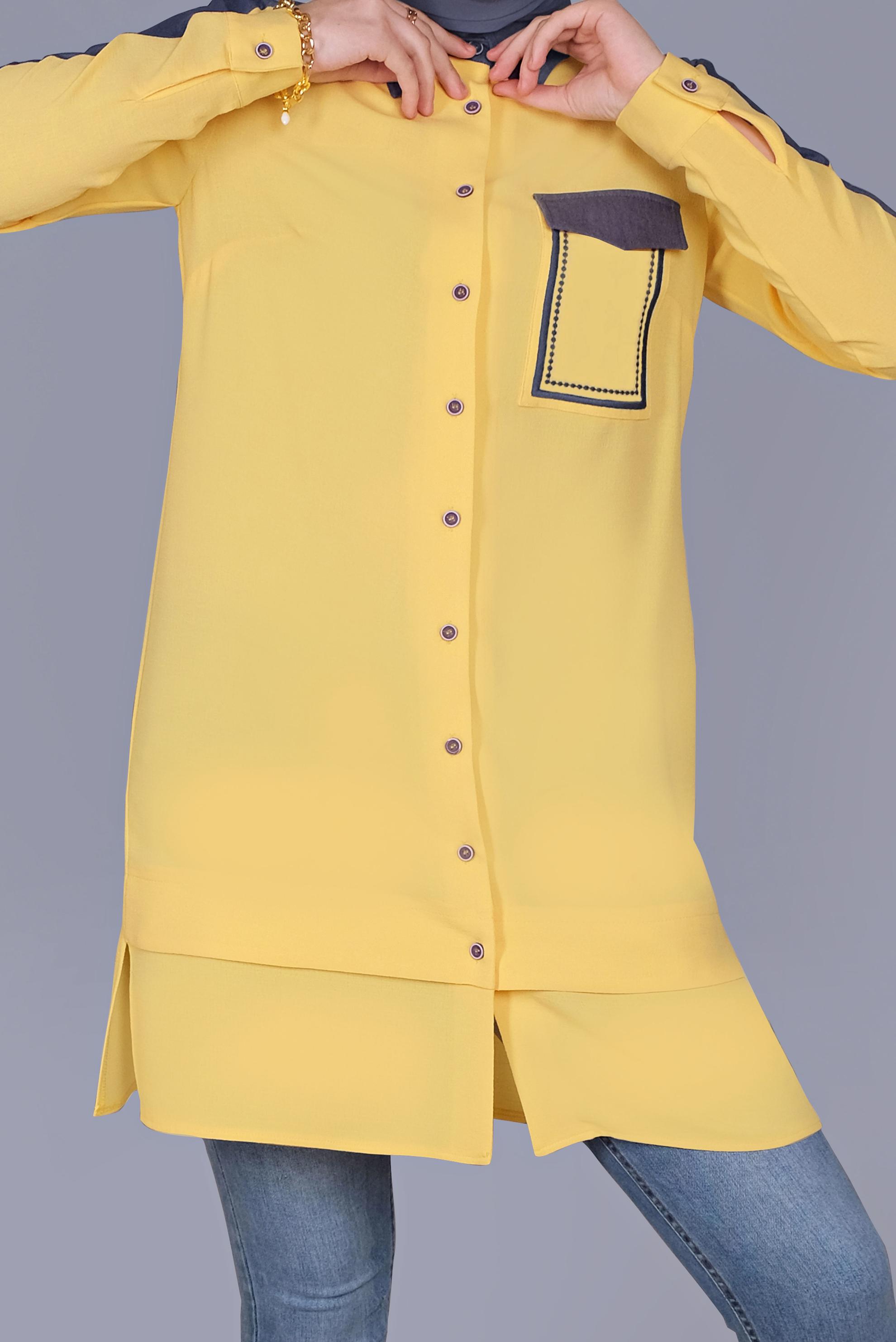 Tesettür giyim SARI BOYDAN DÜĞMELİ CEPLİ TUNİK 41695