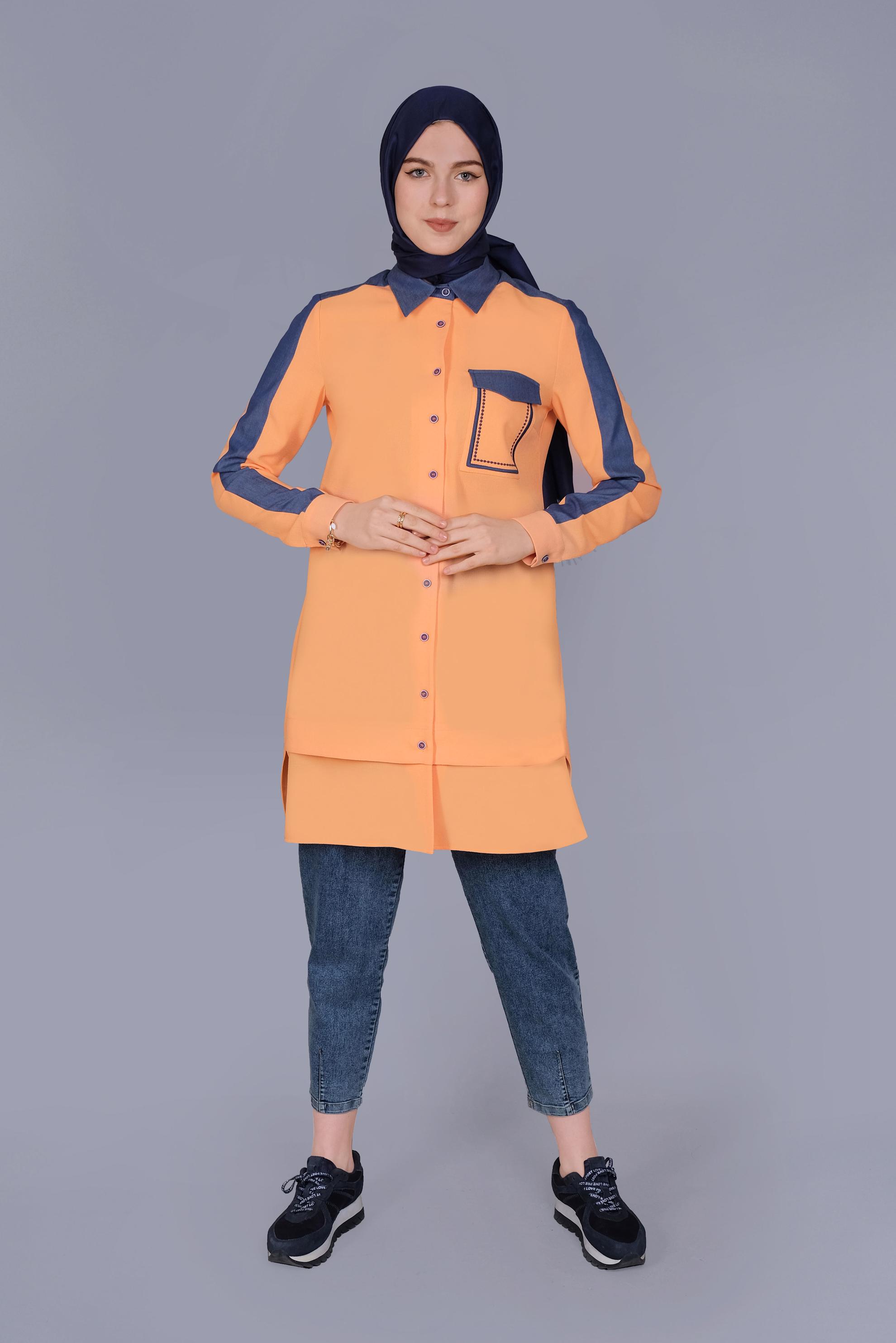 Tesettür giyim TURUNCU BOYDAN DÜĞMELİ CEPLİ TUNİK 41695