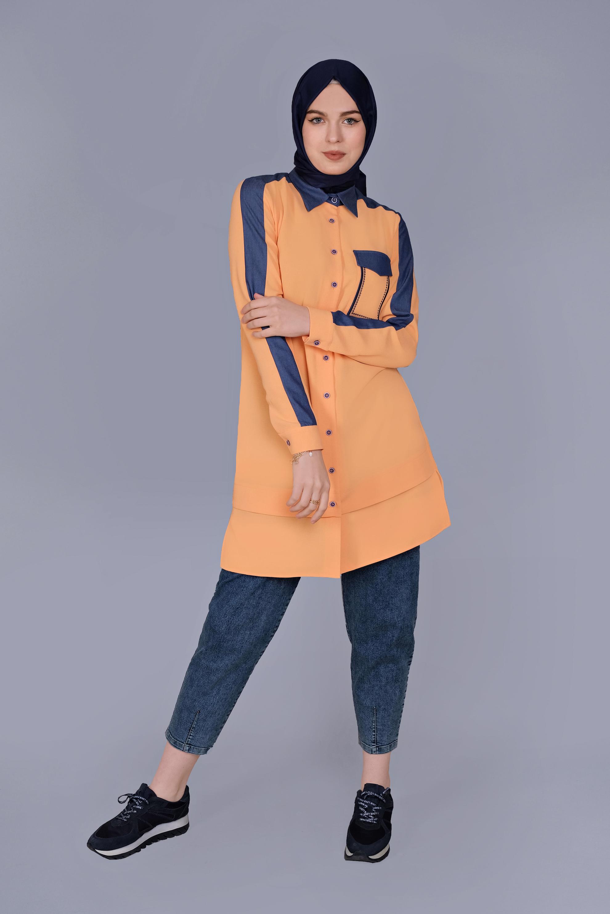 Tesettür giyim TURUNCU BOYDAN DÜĞMELİ CEPLİ TUNİK 41695