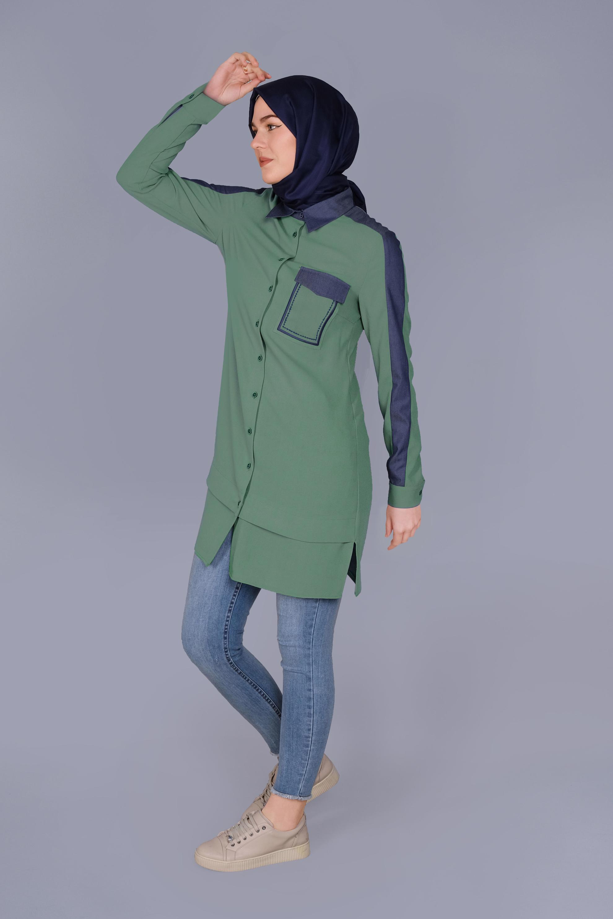 Tesettür giyim YEŞİL BOYDAN DÜĞMELİ CEPLİ TUNİK 41695