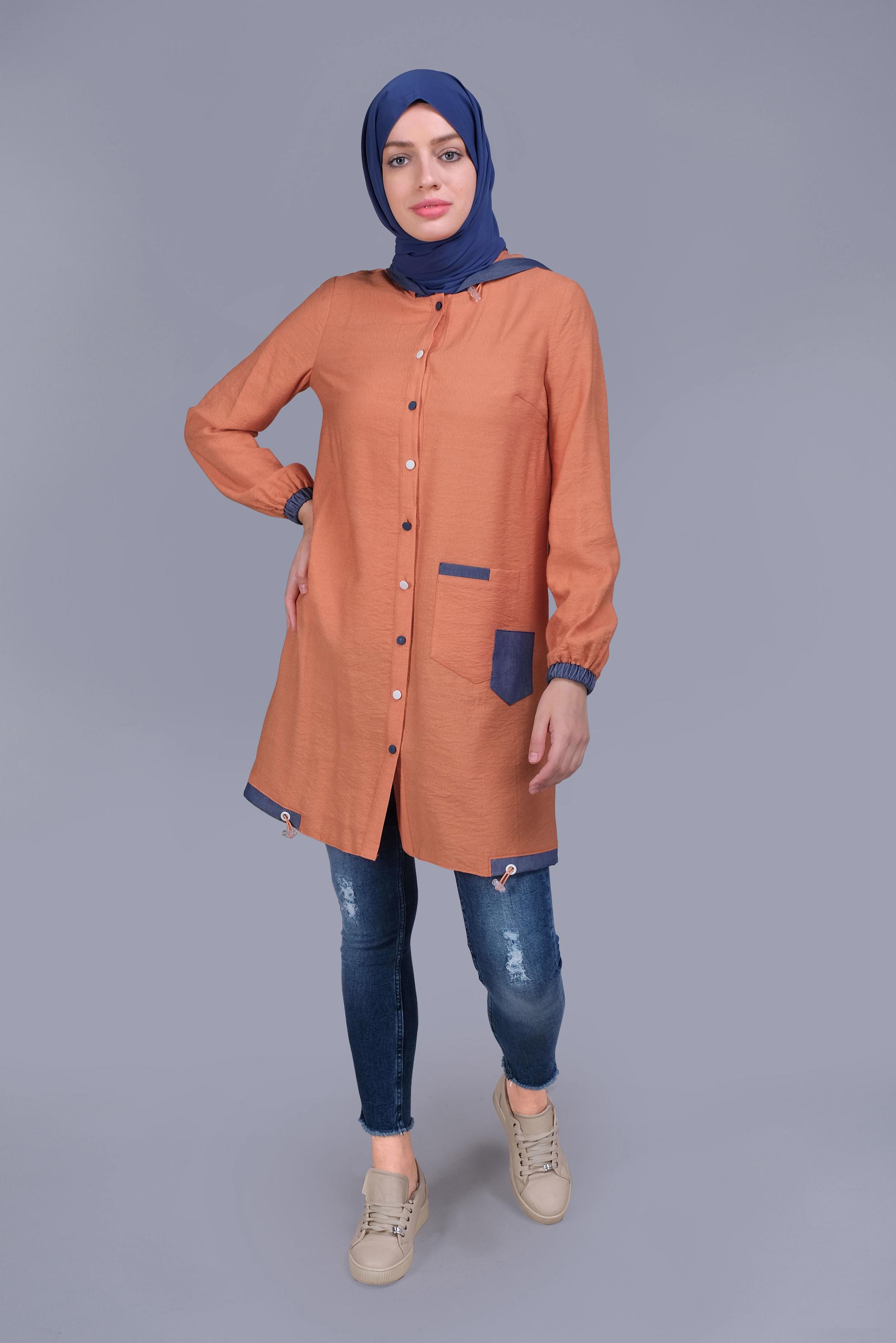 Tesettür giyim TURUNCU KAPÜŞONLU DÜĞMELİ VİSKOZ TUNİK 41696 