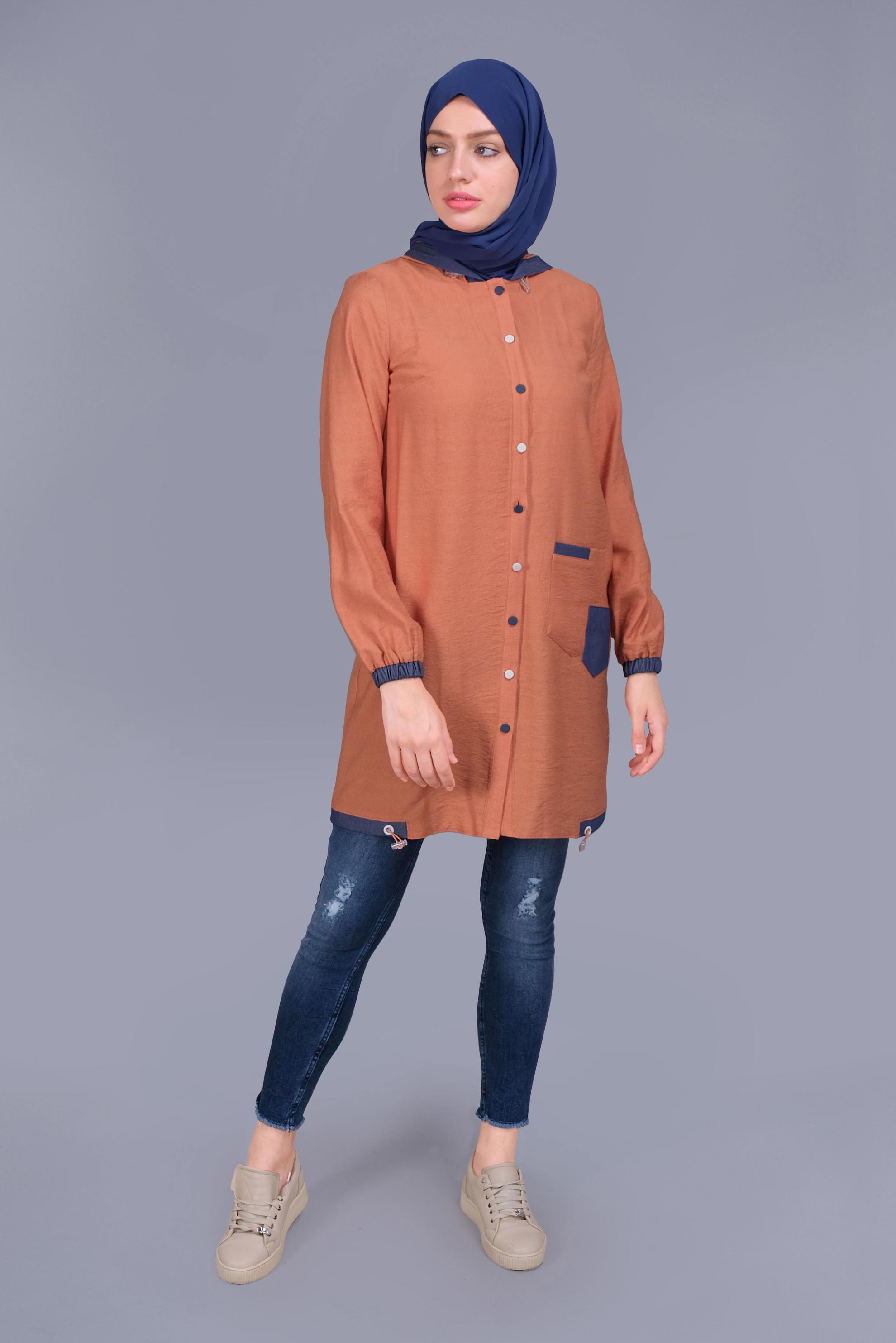 Tesettür giyim TURUNCU KAPÜŞONLU DÜĞMELİ VİSKOZ TUNİK 41696 