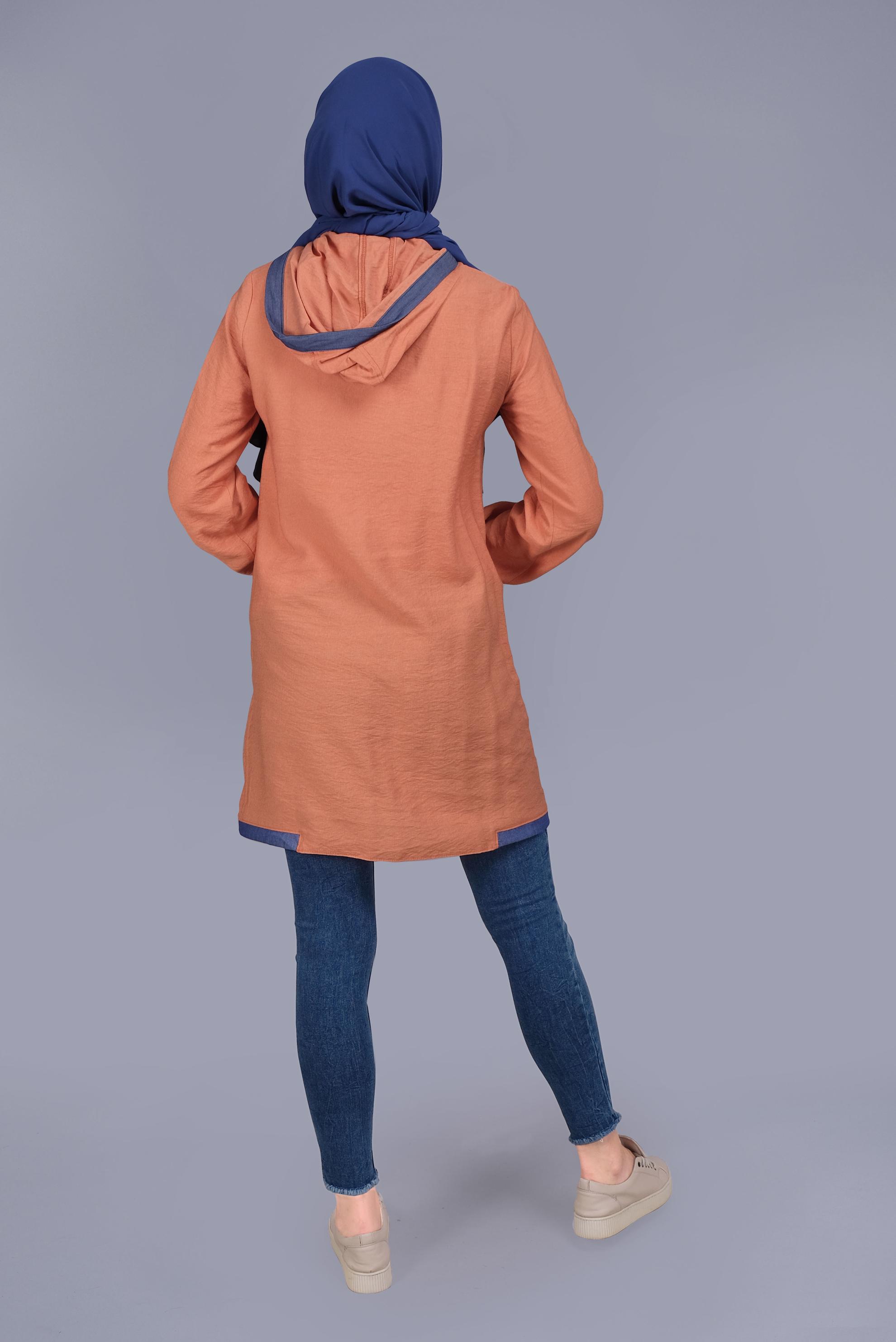 Tesettür giyim TURUNCU KAPÜŞONLU DÜĞMELİ VİSKOZ TUNİK 41696 