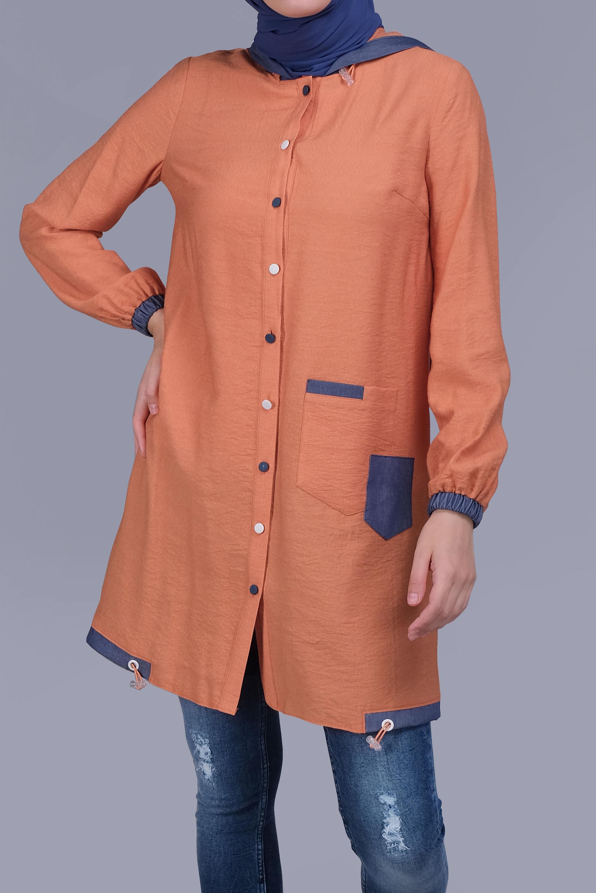Tesettür giyim TURUNCU KAPÜŞONLU DÜĞMELİ VİSKOZ TUNİK 41696 