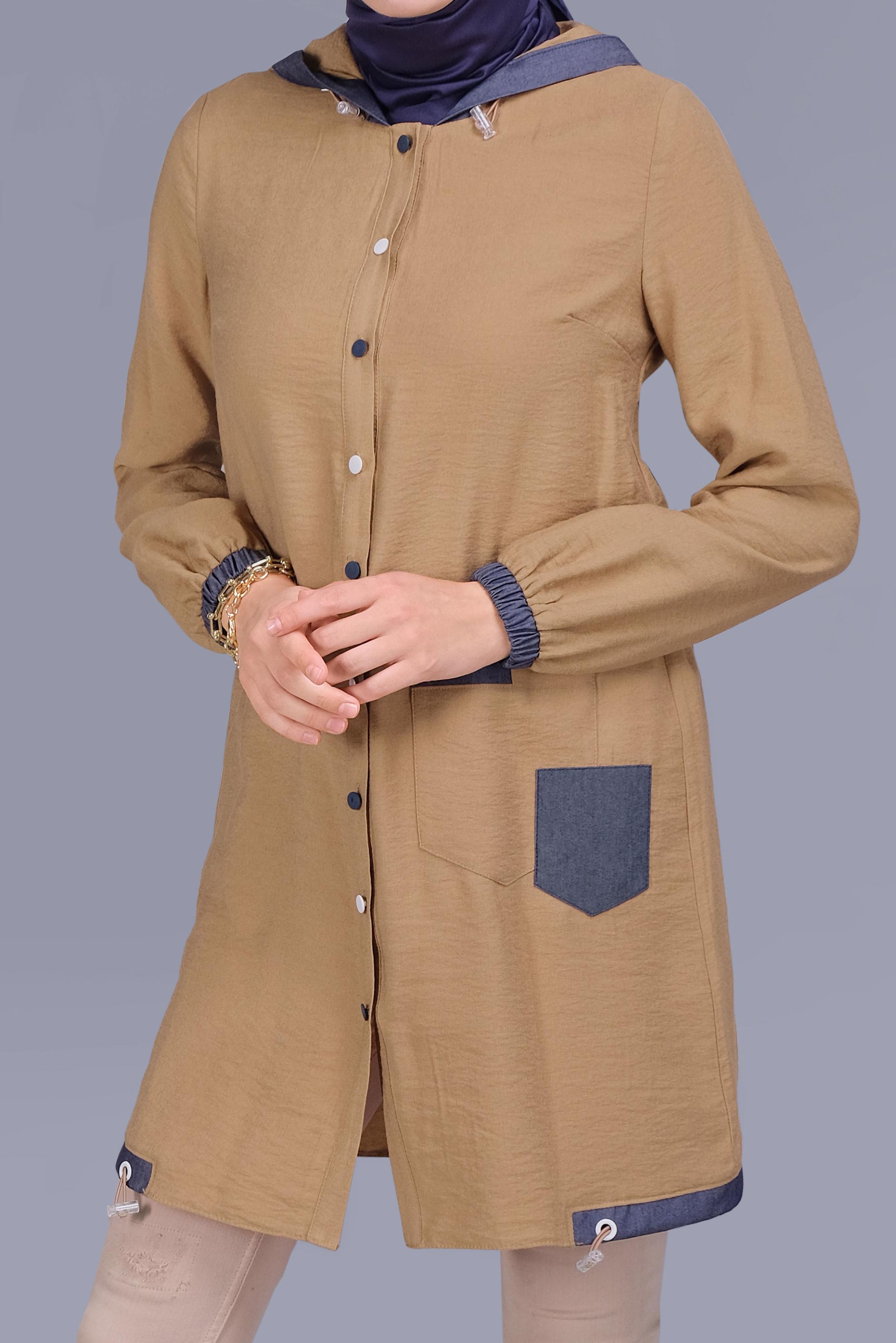 Tesettür giyim KAHVE KAPÜŞONLU DÜĞMELİ VİSKOZ TUNİK 41696 