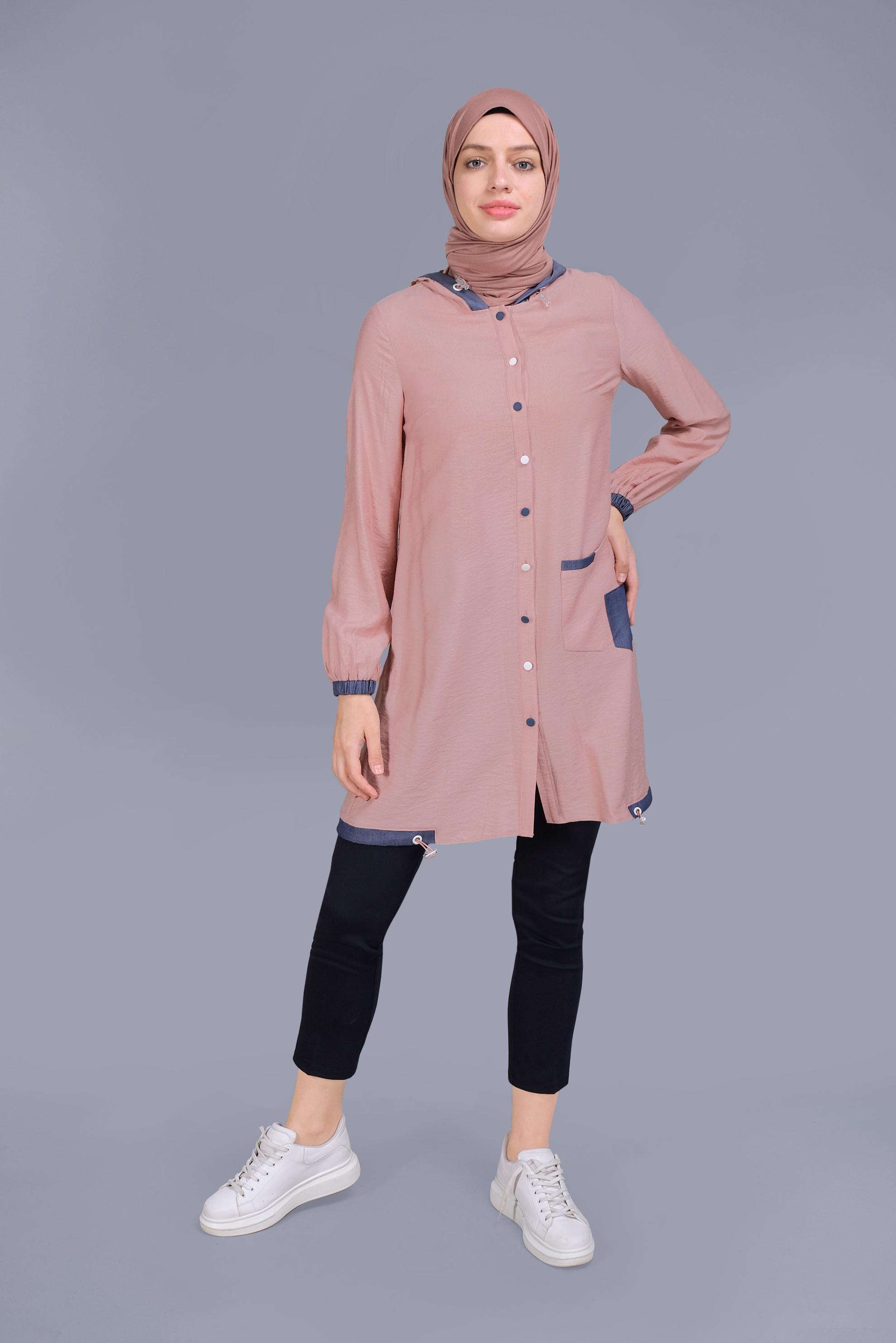 Tesettür giyim PUDRA KAPÜŞONLU DÜĞMELİ VİSKOZ TUNİK 41696 
