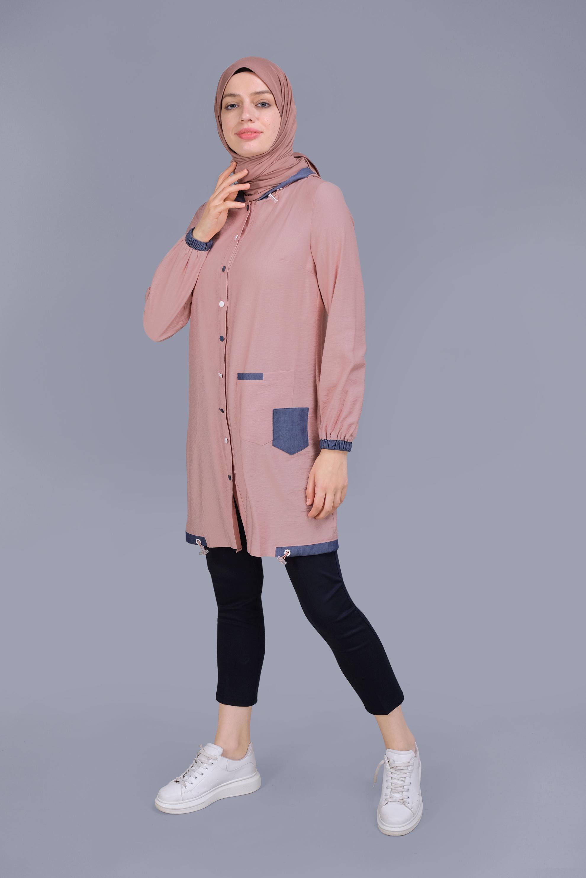 Tesettür giyim PUDRA KAPÜŞONLU DÜĞMELİ VİSKOZ TUNİK 41696 