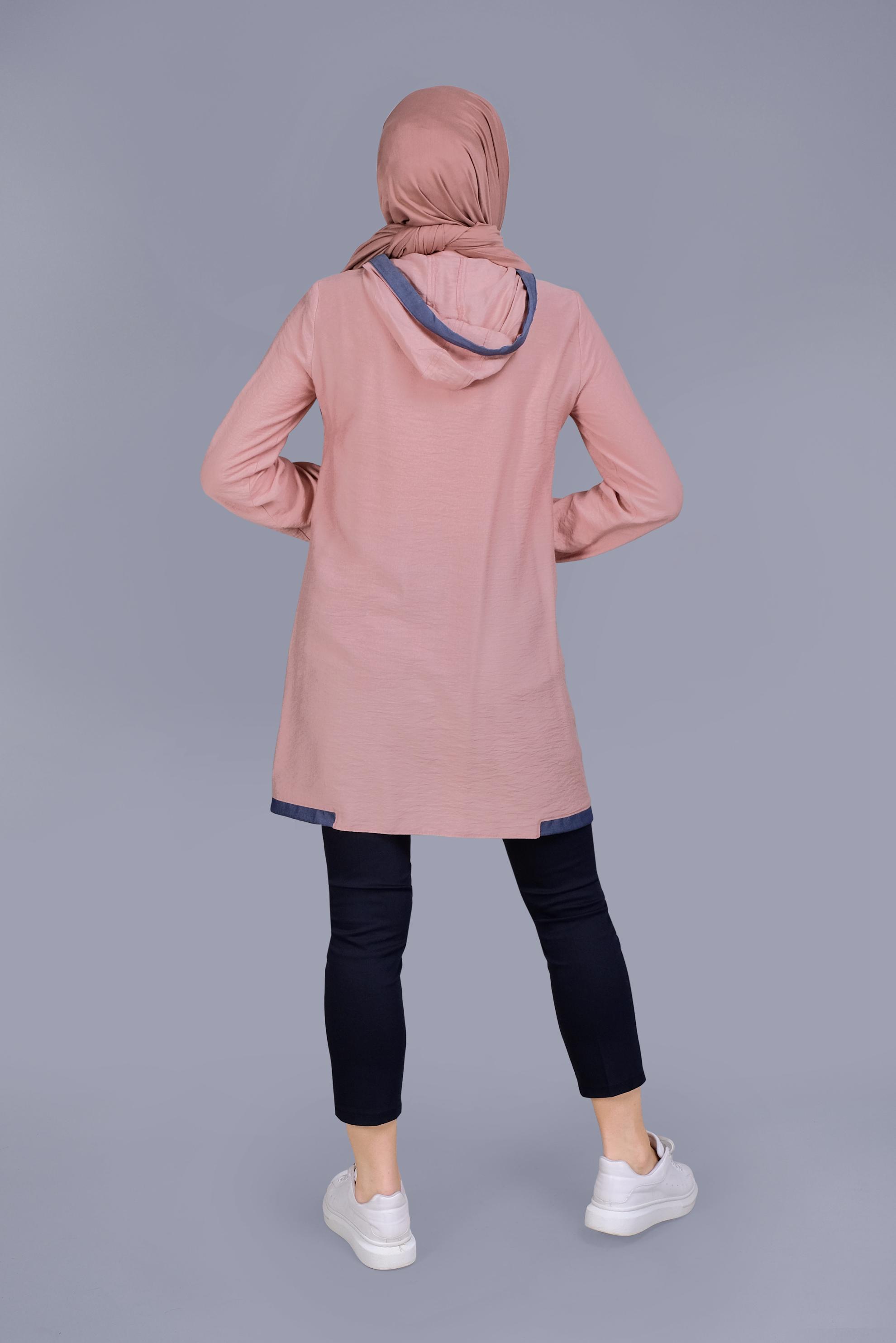 Tesettür giyim PUDRA KAPÜŞONLU DÜĞMELİ VİSKOZ TUNİK 41696 