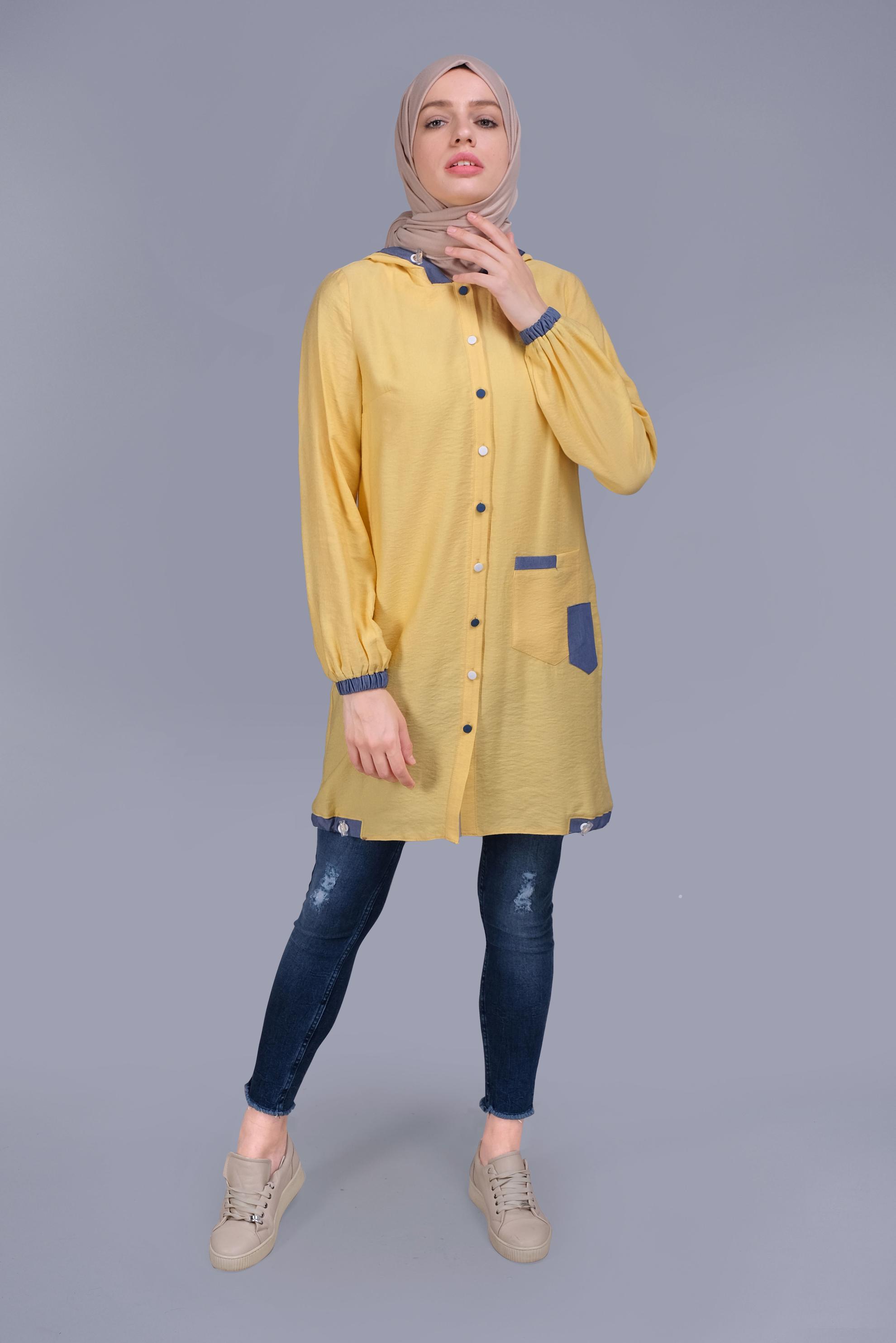 Tesettür giyim SARI KAPÜŞONLU DÜĞMELİ VİSKOZ TUNİK 41696 