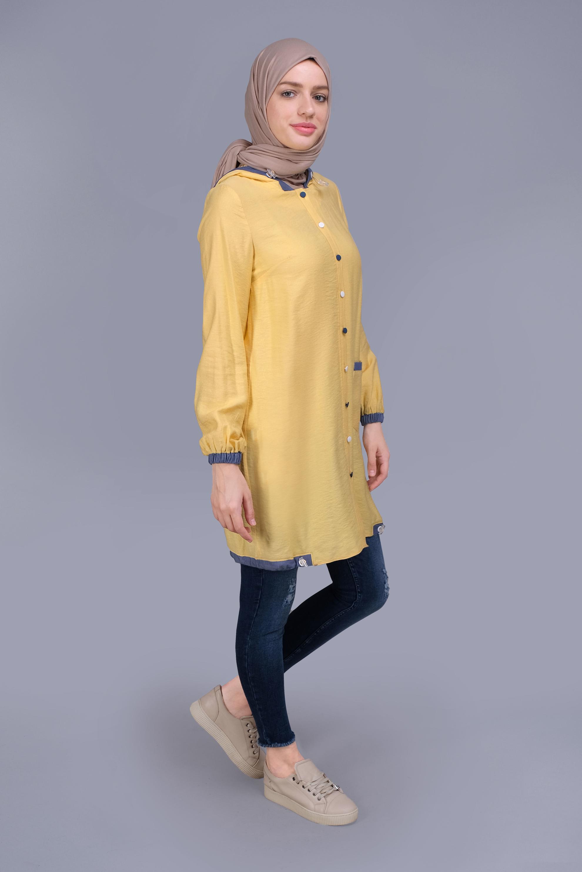 Tesettür giyim SARI KAPÜŞONLU DÜĞMELİ VİSKOZ TUNİK 41696 