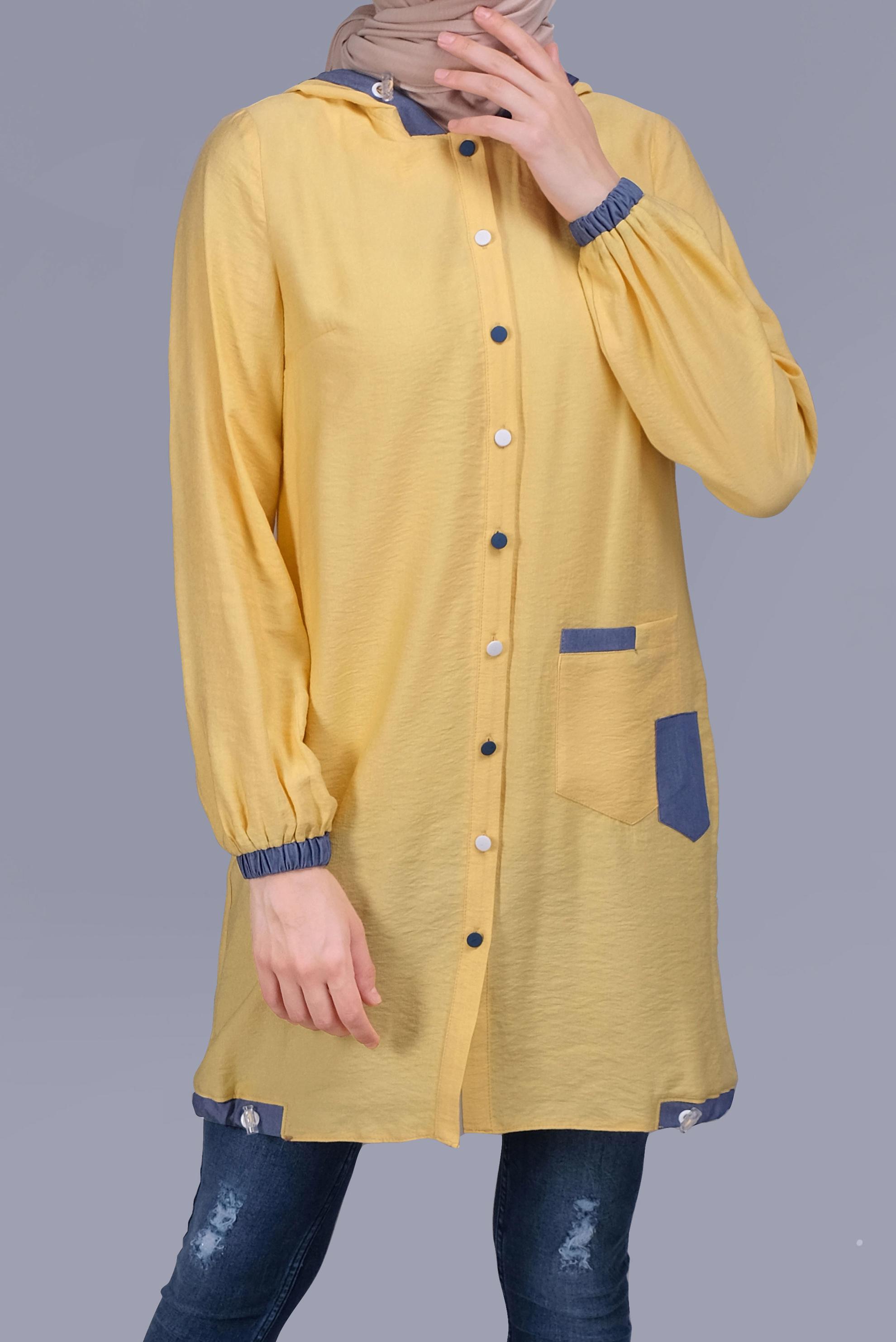 Tesettür giyim SARI KAPÜŞONLU DÜĞMELİ VİSKOZ TUNİK 41696 