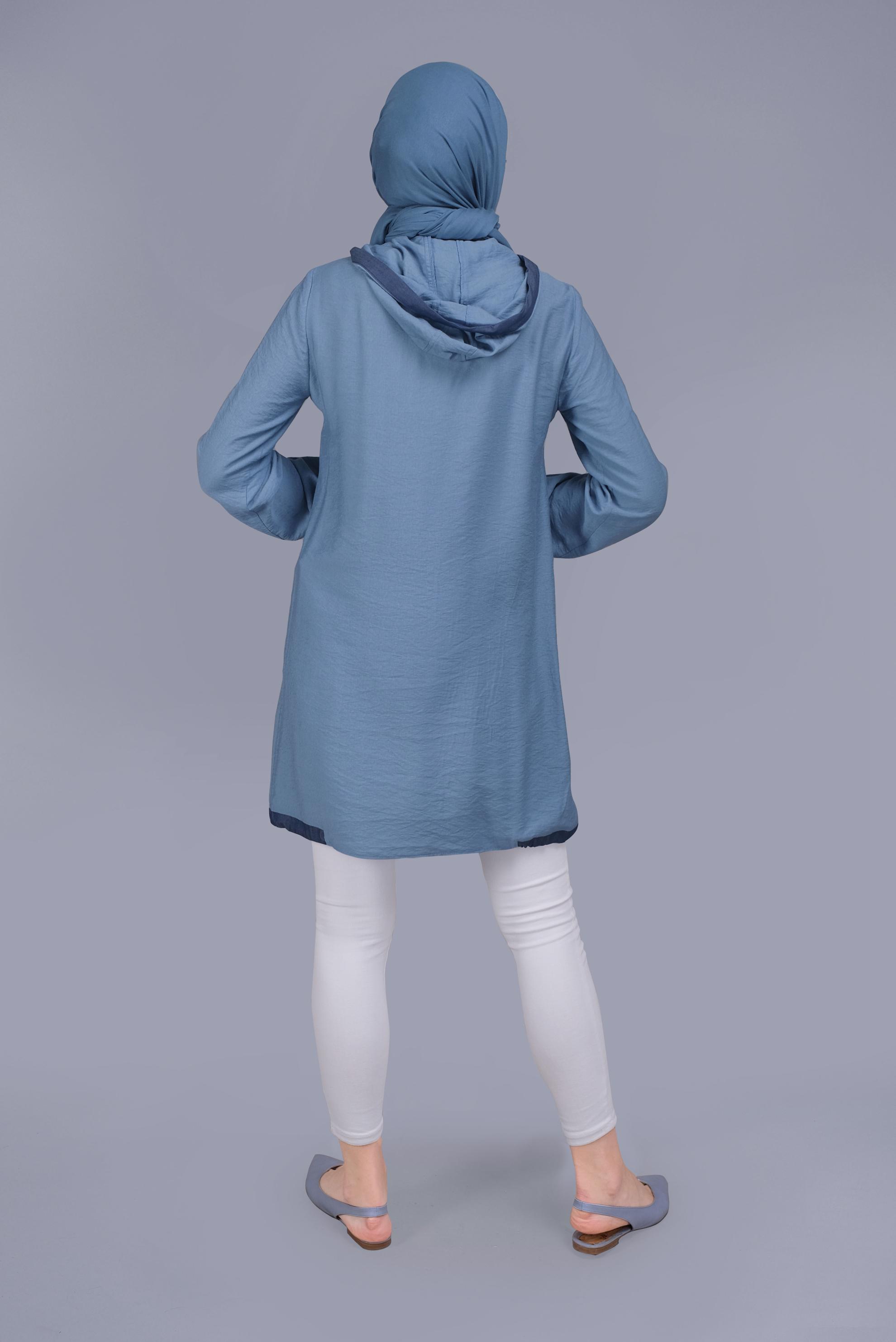 Tesettür giyim MAVİ KAPÜŞONLU DÜĞMELİ VİSKOZ TUNİK 41696 