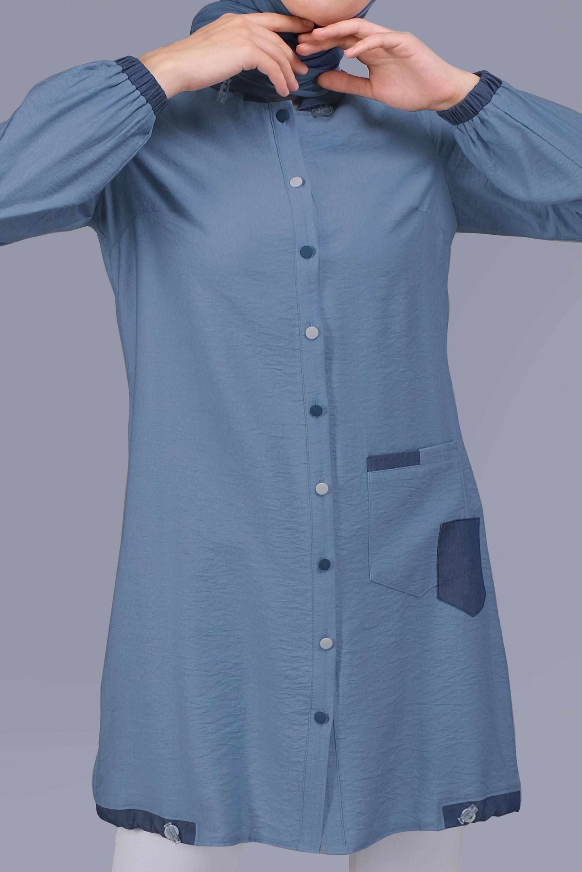 Tesettür giyim MAVİ KAPÜŞONLU DÜĞMELİ VİSKOZ TUNİK 41696 