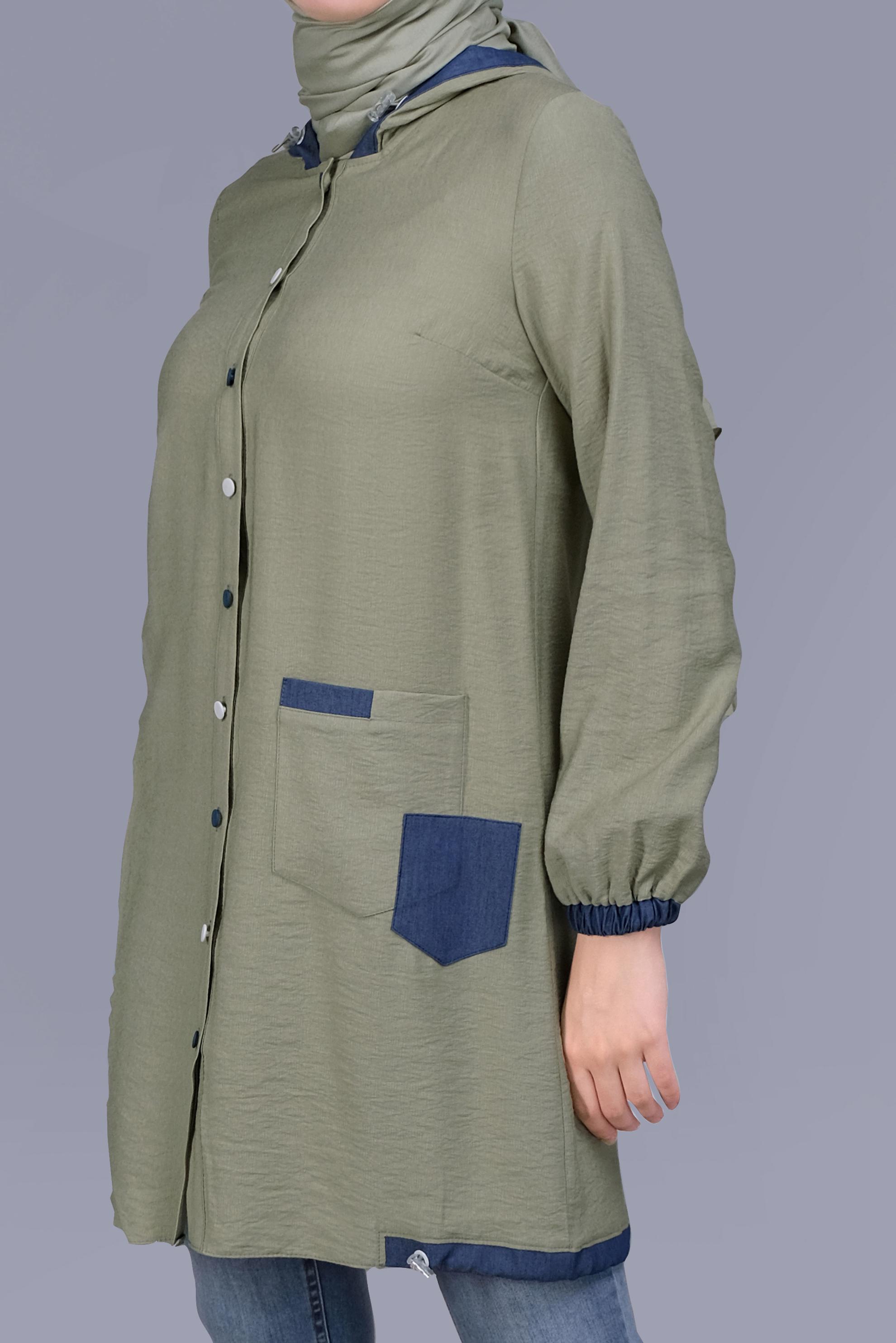 Tesettür giyim YEŞİL KAPÜŞONLU DÜĞMELİ VİSKOZ TUNİK 41696 