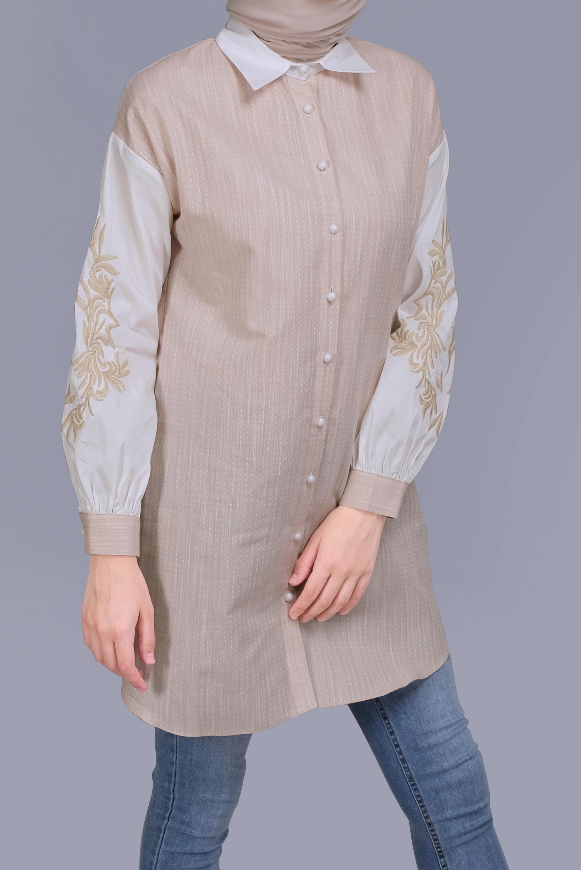 Tesettür giyim BEJ NAKIŞ DETAYLI KIÇILLI TUNİK 41703